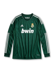 Real Madrid 2012/13 third long sleeve jersey in dark green with white adidas stripes and 110th anniversary detail
