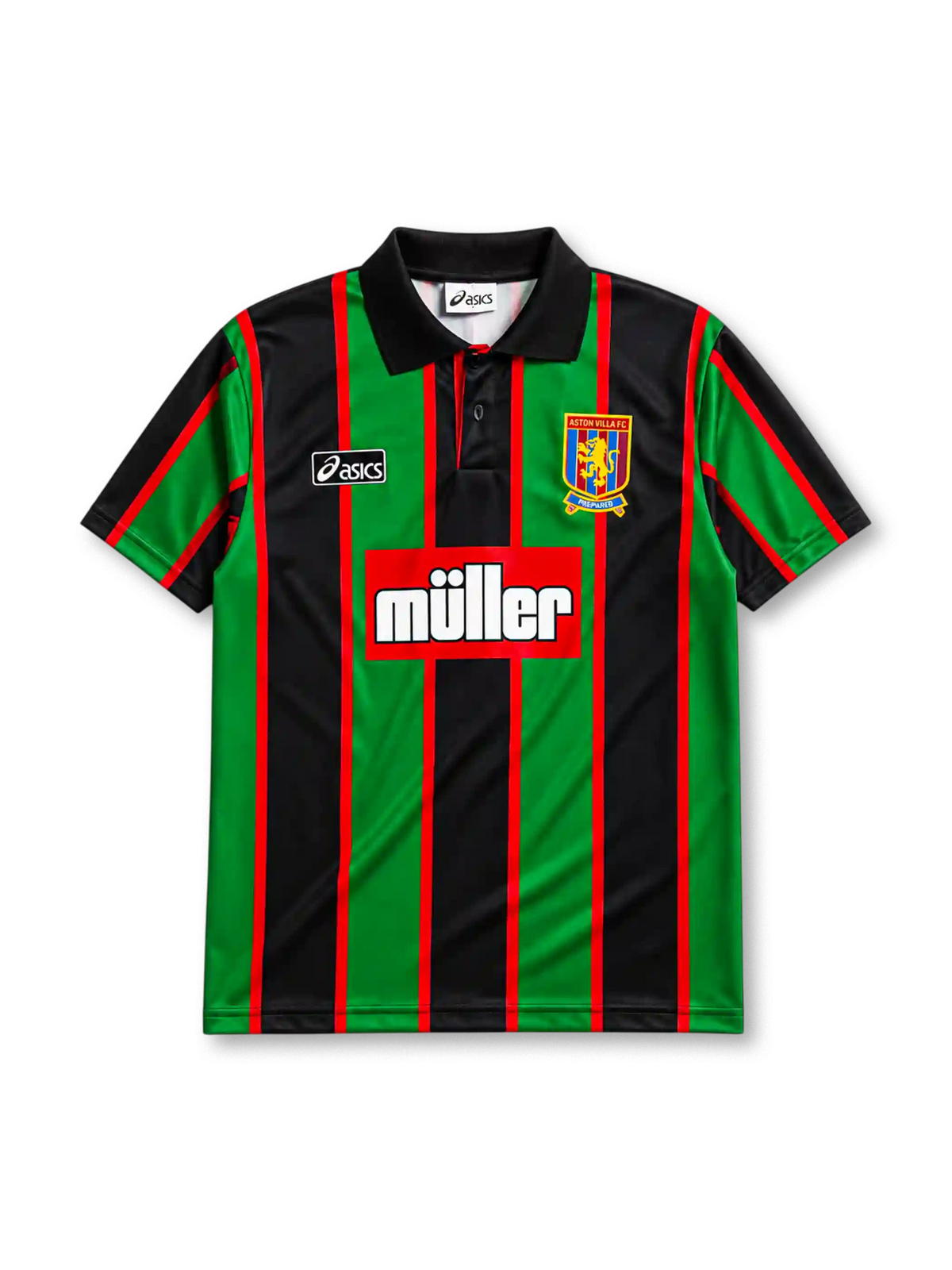 Aston Villa 1993/95 away jersey in green and black stripes with Müller sponsor branding