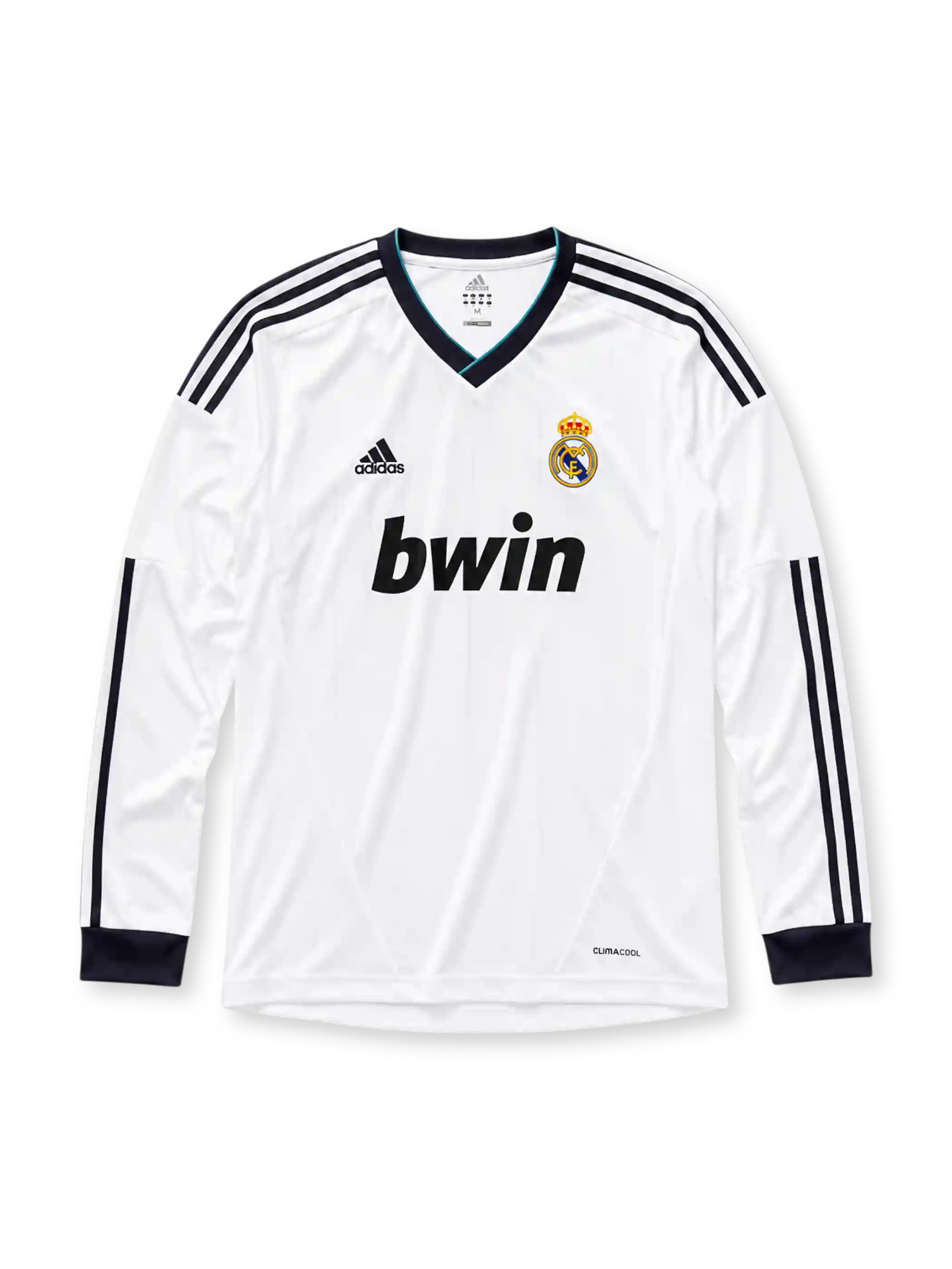 Real Madrid 2012/13 home long sleeve jersey in white with navy adidas stripes and bwin sponsor branding