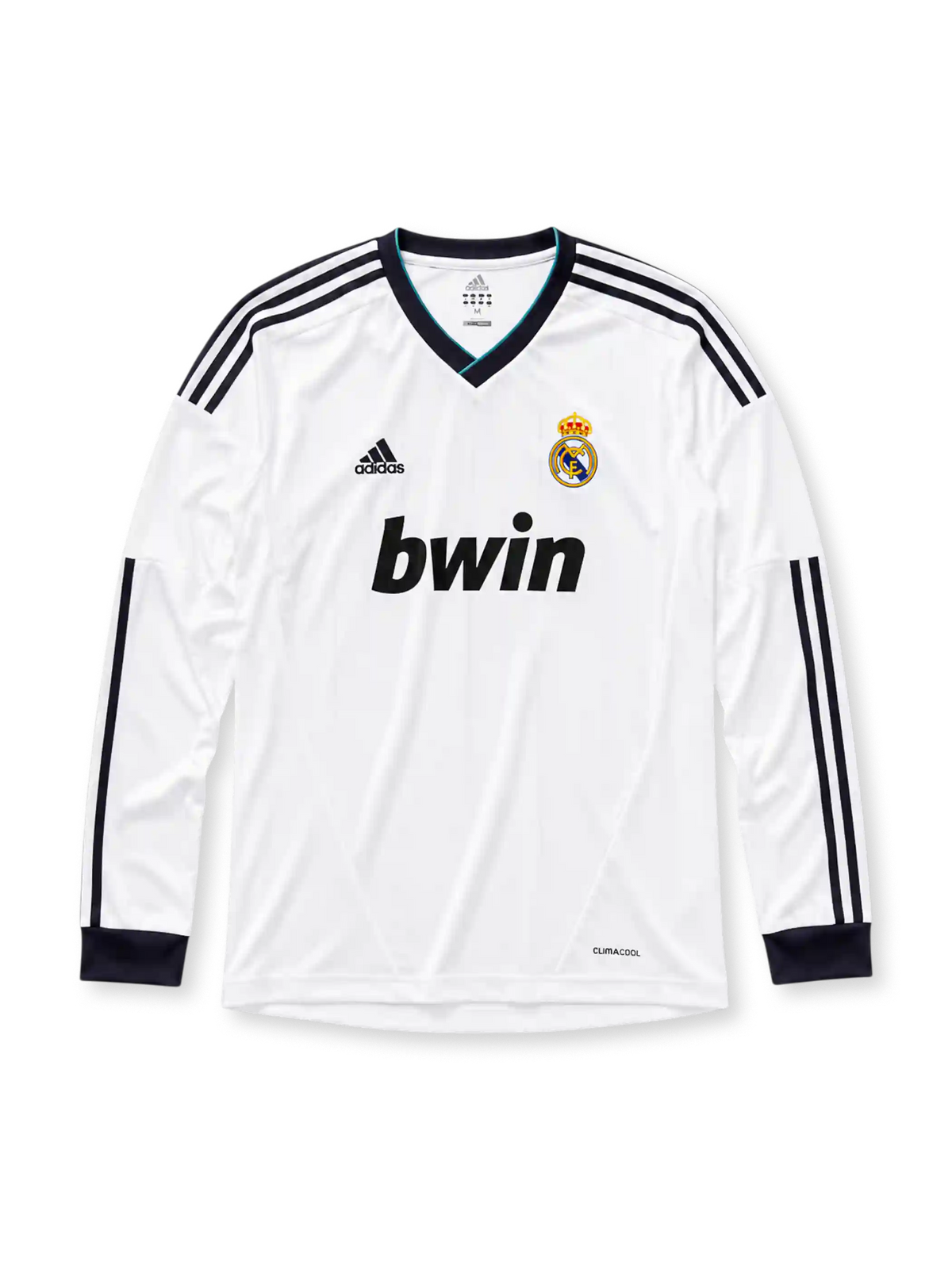 Real Madrid 2012/13 home long sleeve jersey in white with navy adidas stripes and bwin sponsor branding