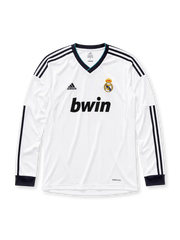 Real Madrid 2012/13 home long sleeve jersey in white with navy adidas stripes and bwin sponsor branding
