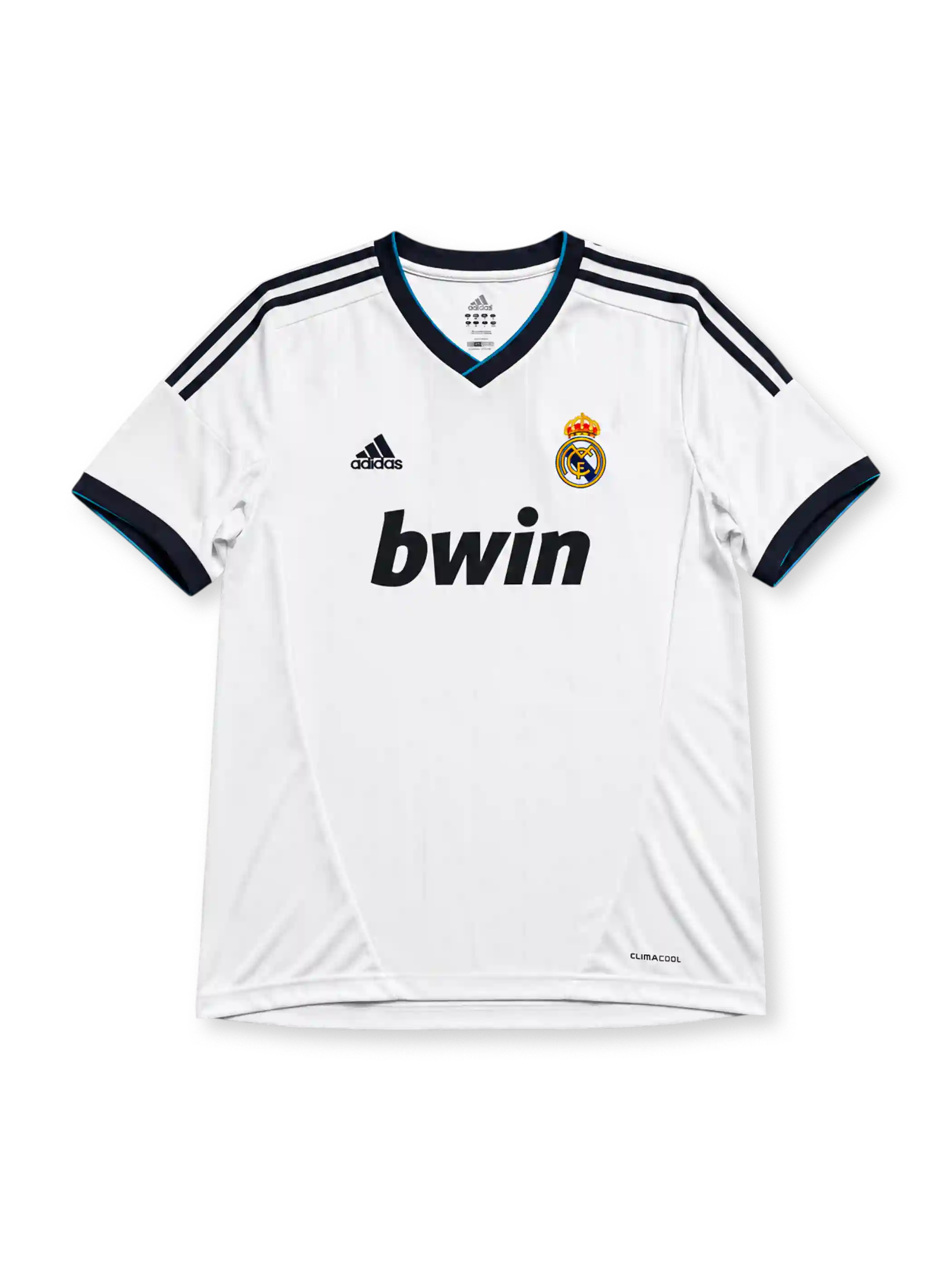 Real Madrid 2012/13 home jersey in white with navy adidas stripes and bwin sponsor branding