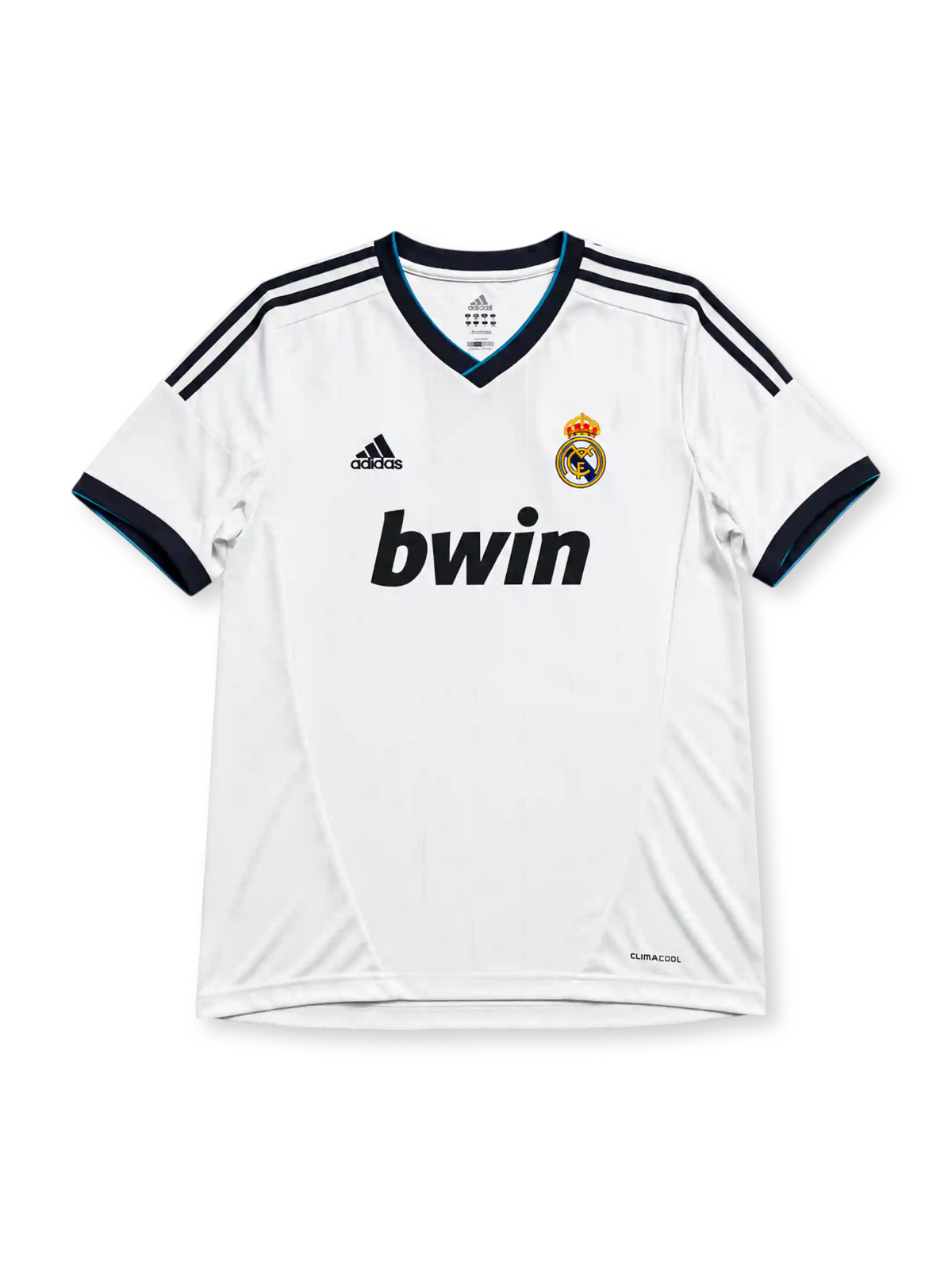 Real Madrid 2012/13 home jersey in white with navy adidas stripes and bwin sponsor branding
