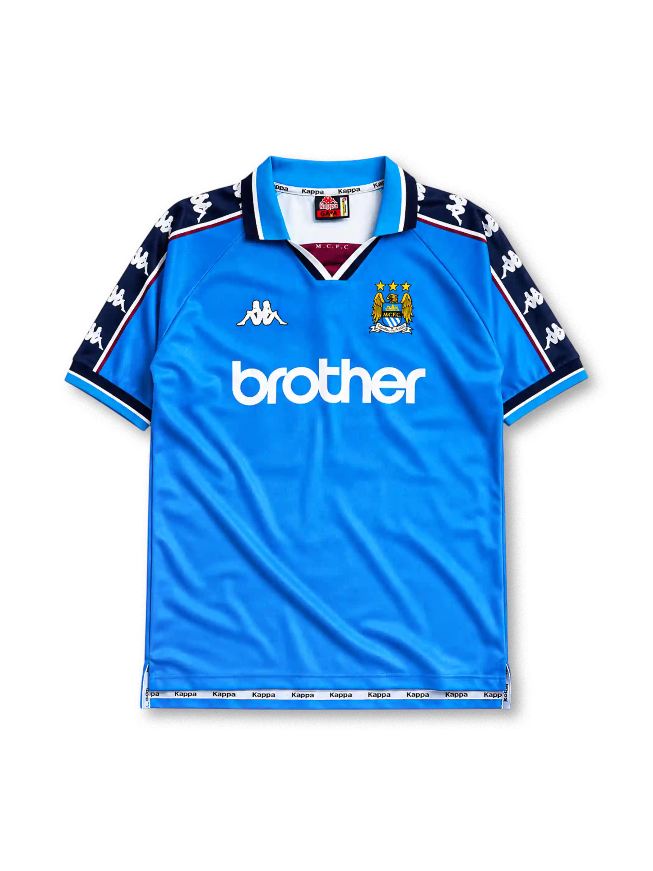 Manchester City 1997/98 home jersey in sky blue with navy Kappa sleeve panels and Brother sponsor branding