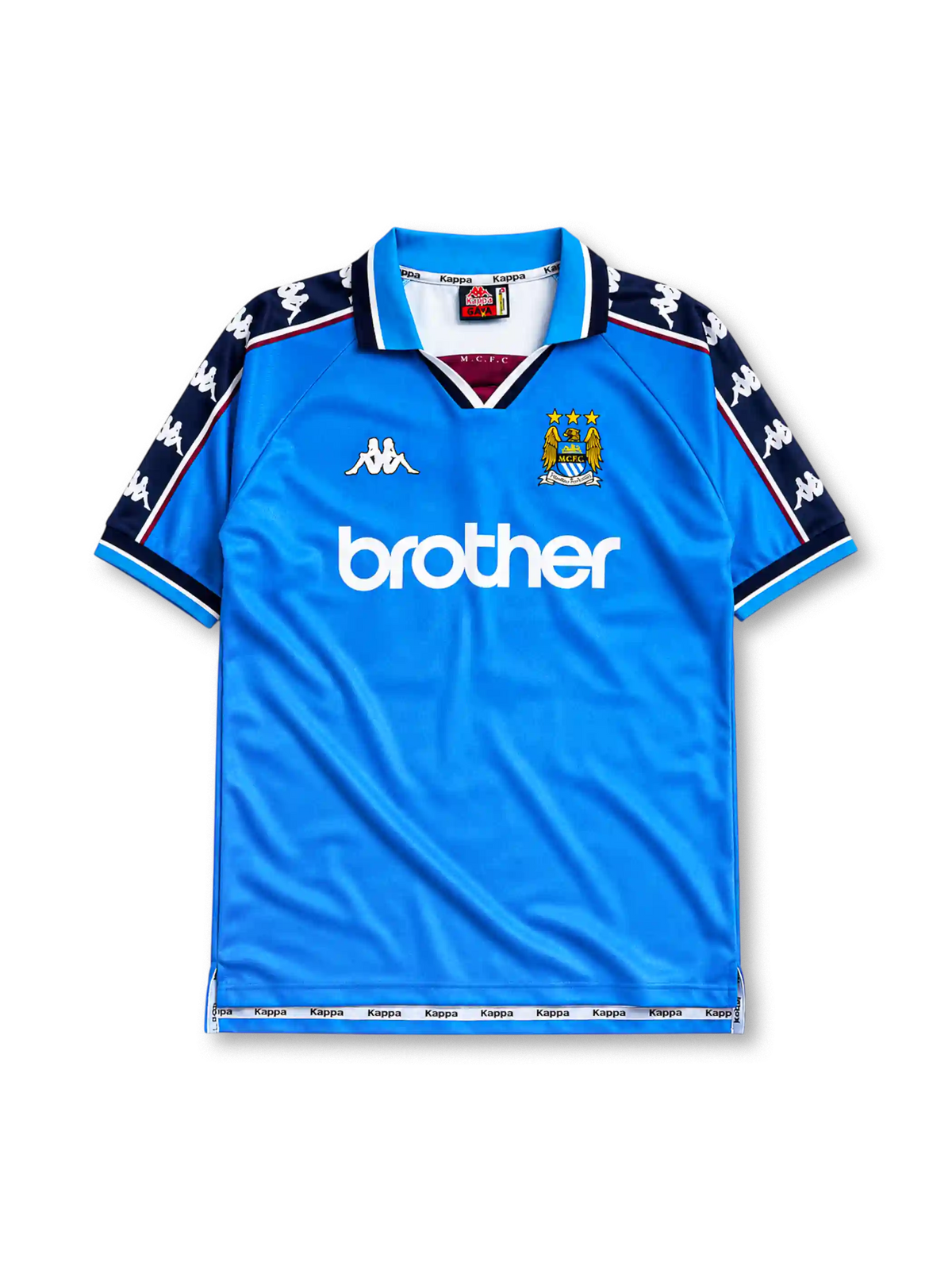 Manchester City 1997/98 home jersey in sky blue with navy Kappa sleeve panels and Brother sponsor branding