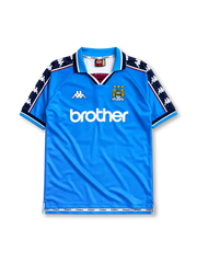 Manchester City 1997/98 home jersey in sky blue with navy Kappa sleeve panels and Brother sponsor branding