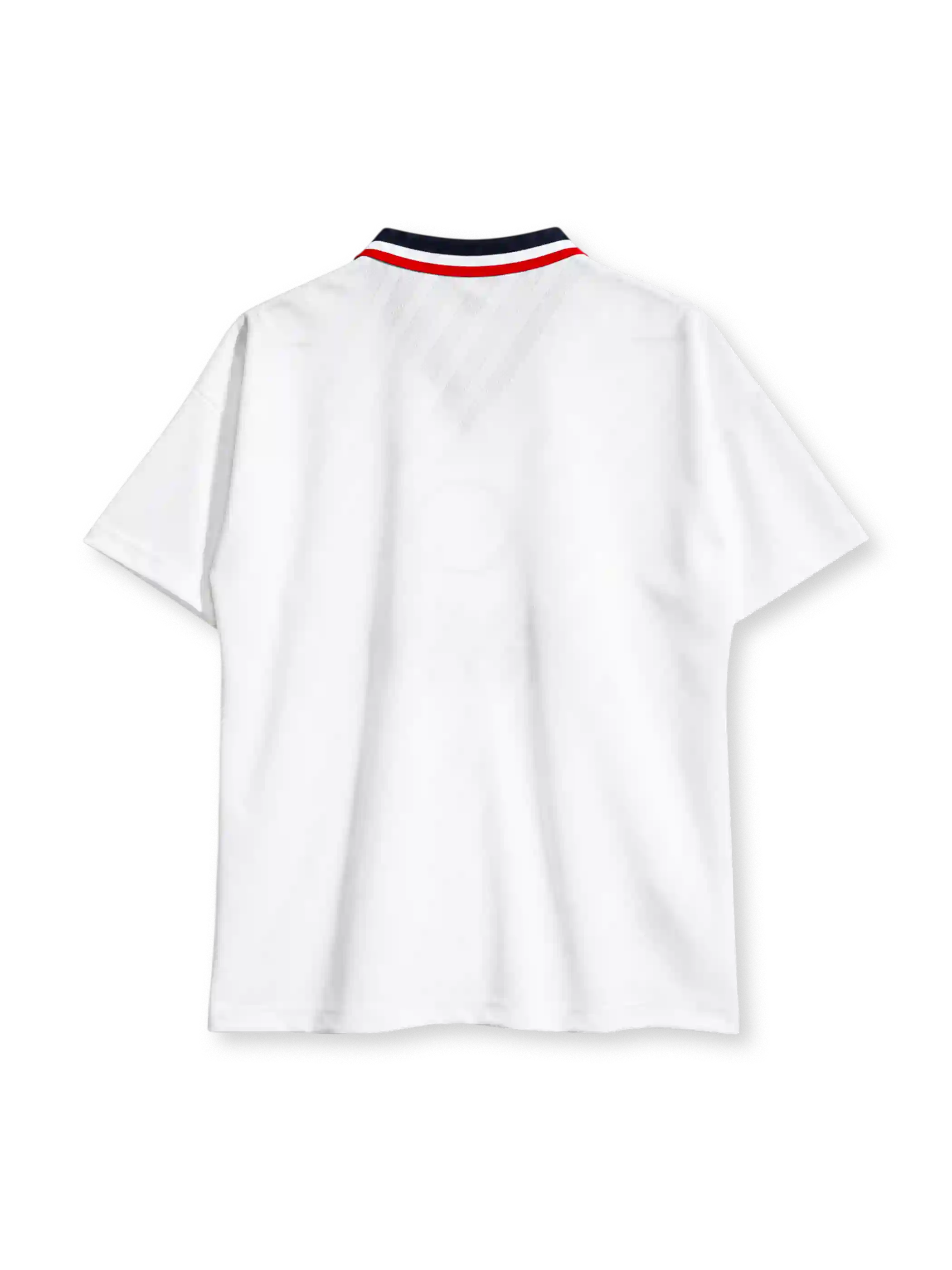 Manchester United 1996/97 away jersey in white with circular crest and Sharp Viewcam branding