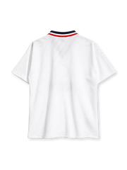 Manchester United 1996/97 away jersey in white with circular crest and Sharp Viewcam branding