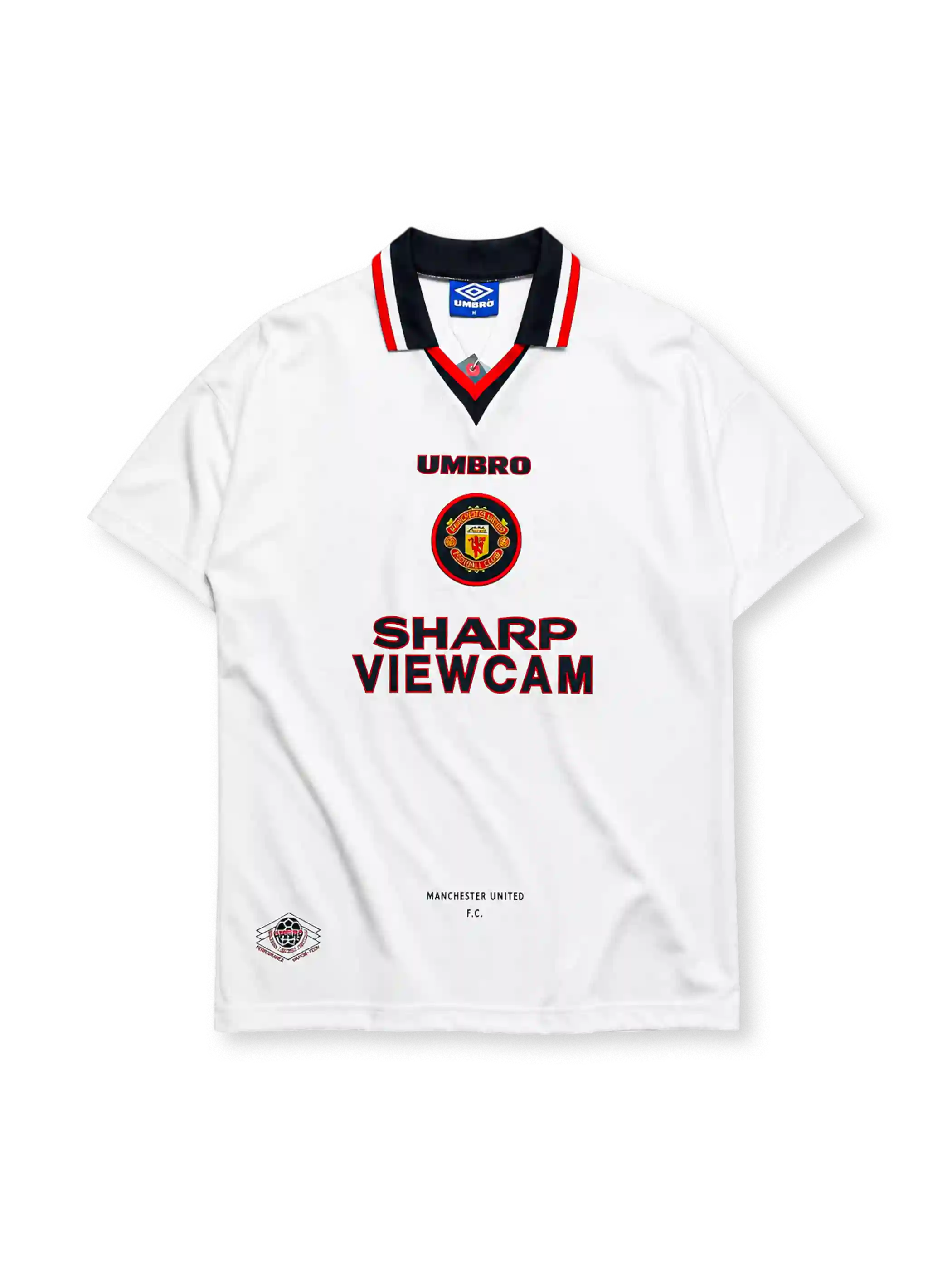 Manchester United 1996/97 away jersey in white with circular crest and Sharp Viewcam branding