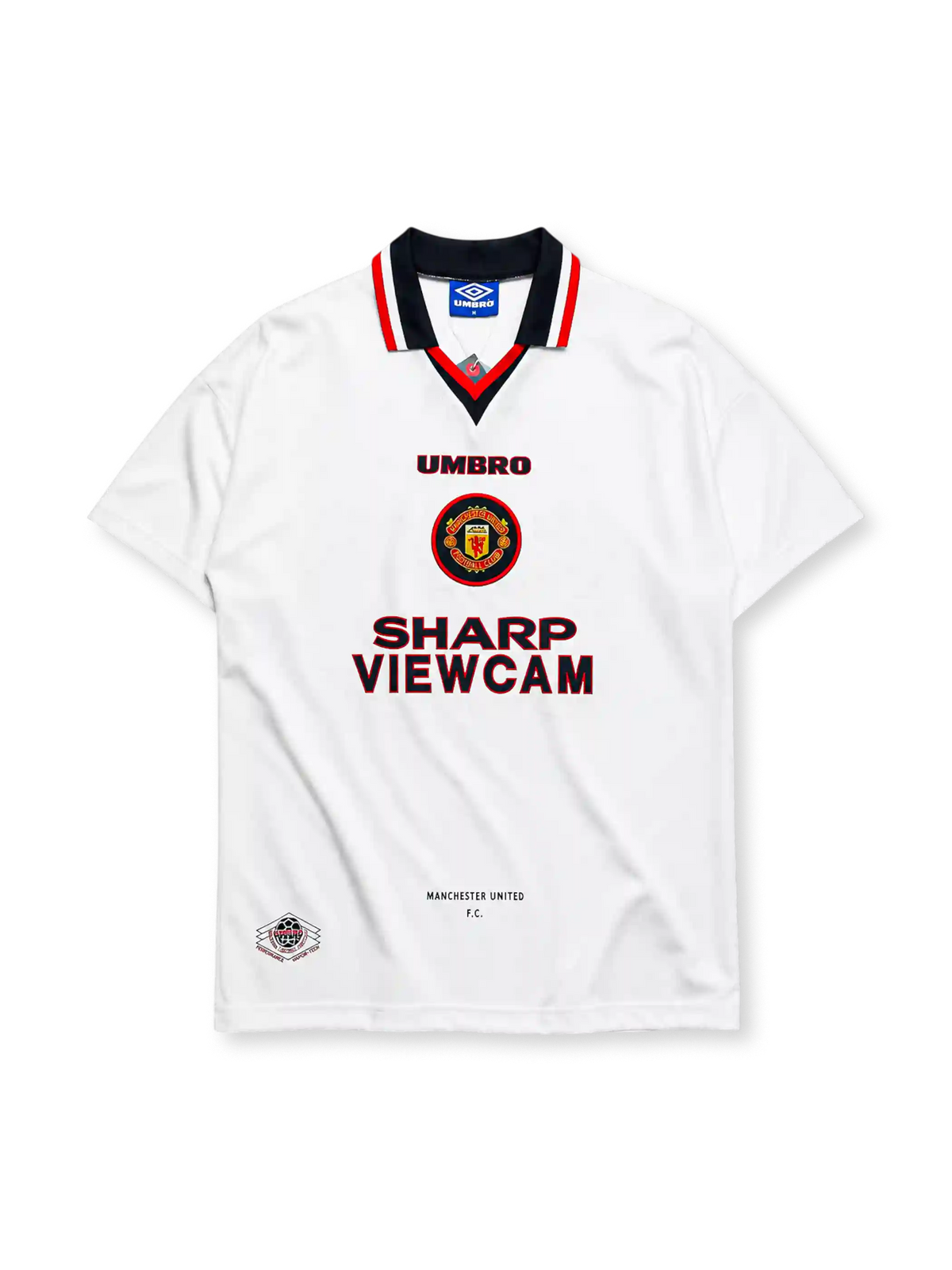 Manchester United 1996/97 away jersey in white with circular crest and Sharp Viewcam branding