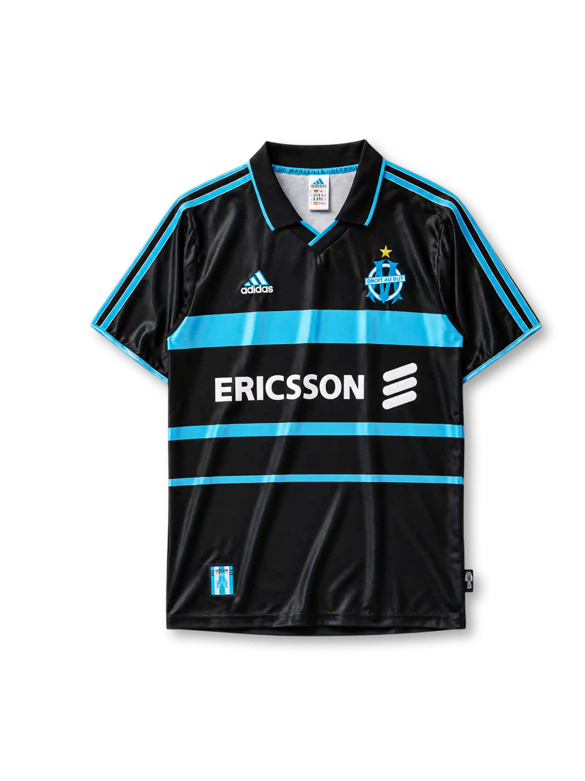 Olympique Marseille 1999/2000 third jersey in black with sky blue horizontal bands and Ericsson branding