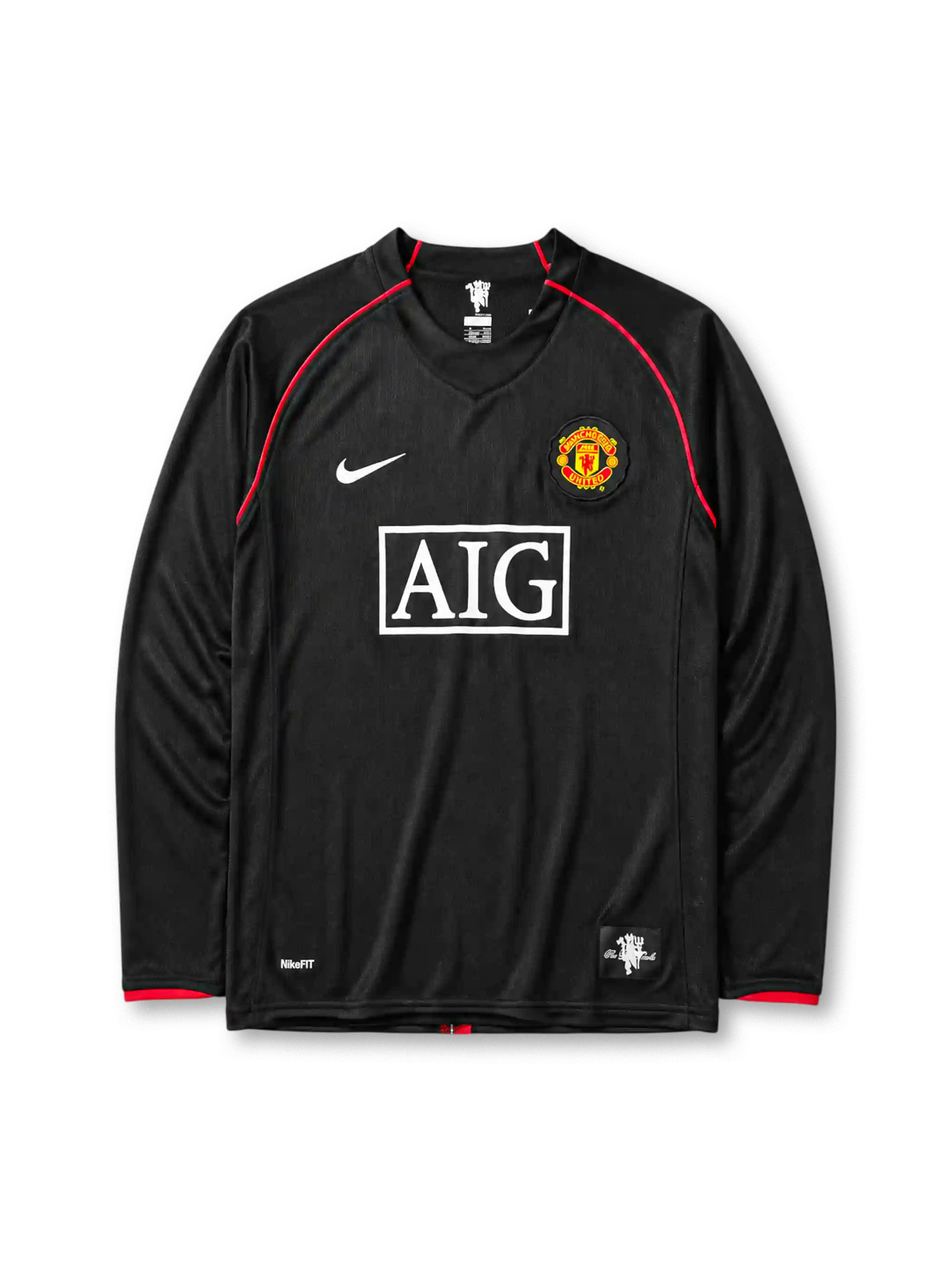 Manchester United 2007/08 away long sleeve jersey in black with red piping and AIG sponsor branding