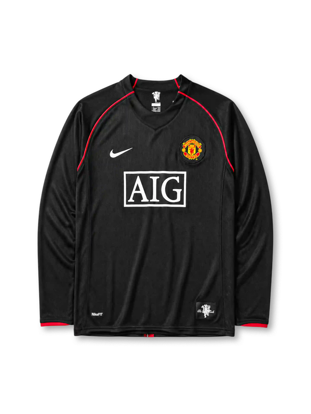 Manchester United 2007/08 away long sleeve jersey in black with red piping and AIG sponsor branding