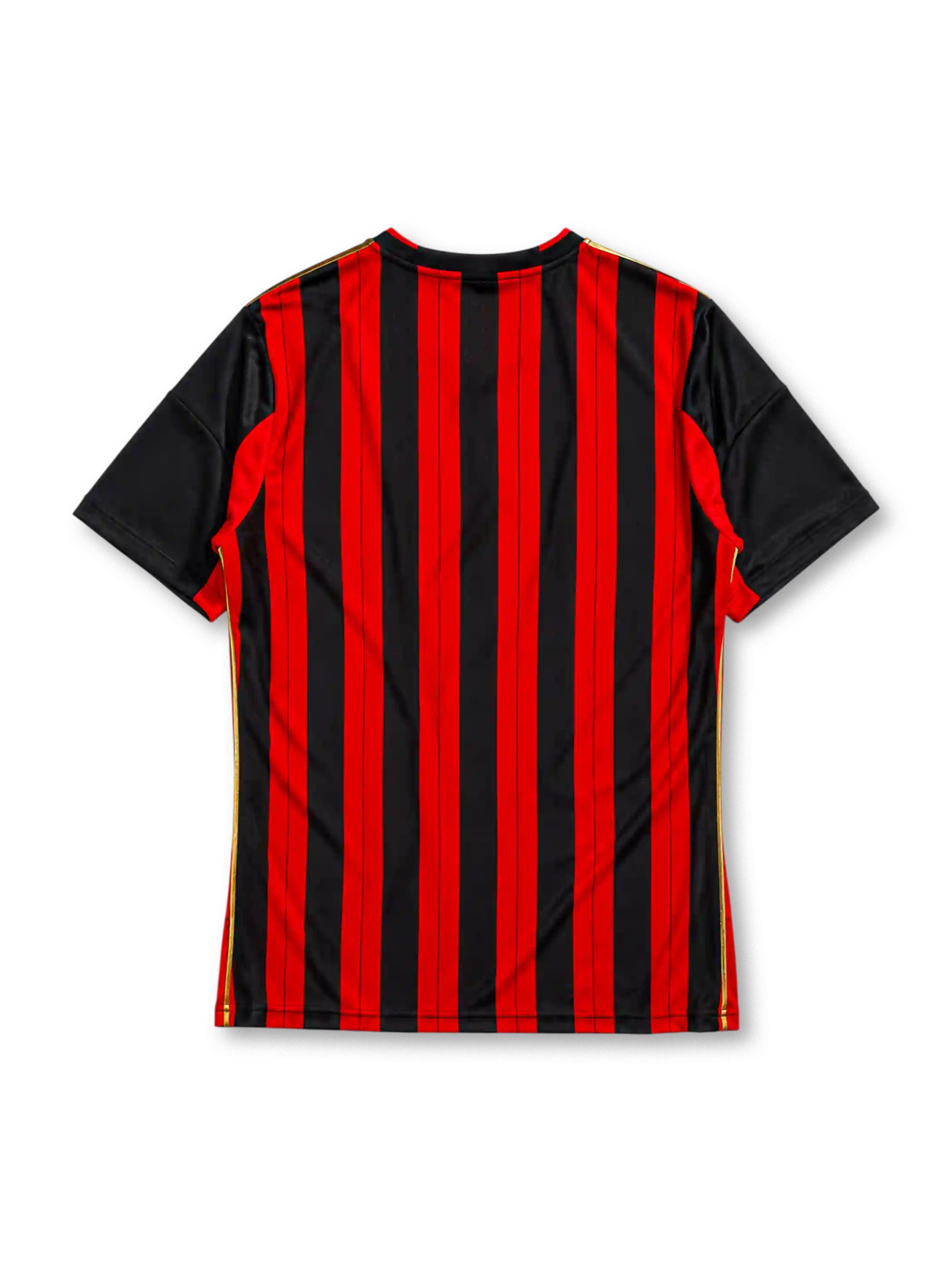 AC Milan 2013/14 home jersey in red and black stripes with gold adidas shoulder detailing and Fly Emirates branding