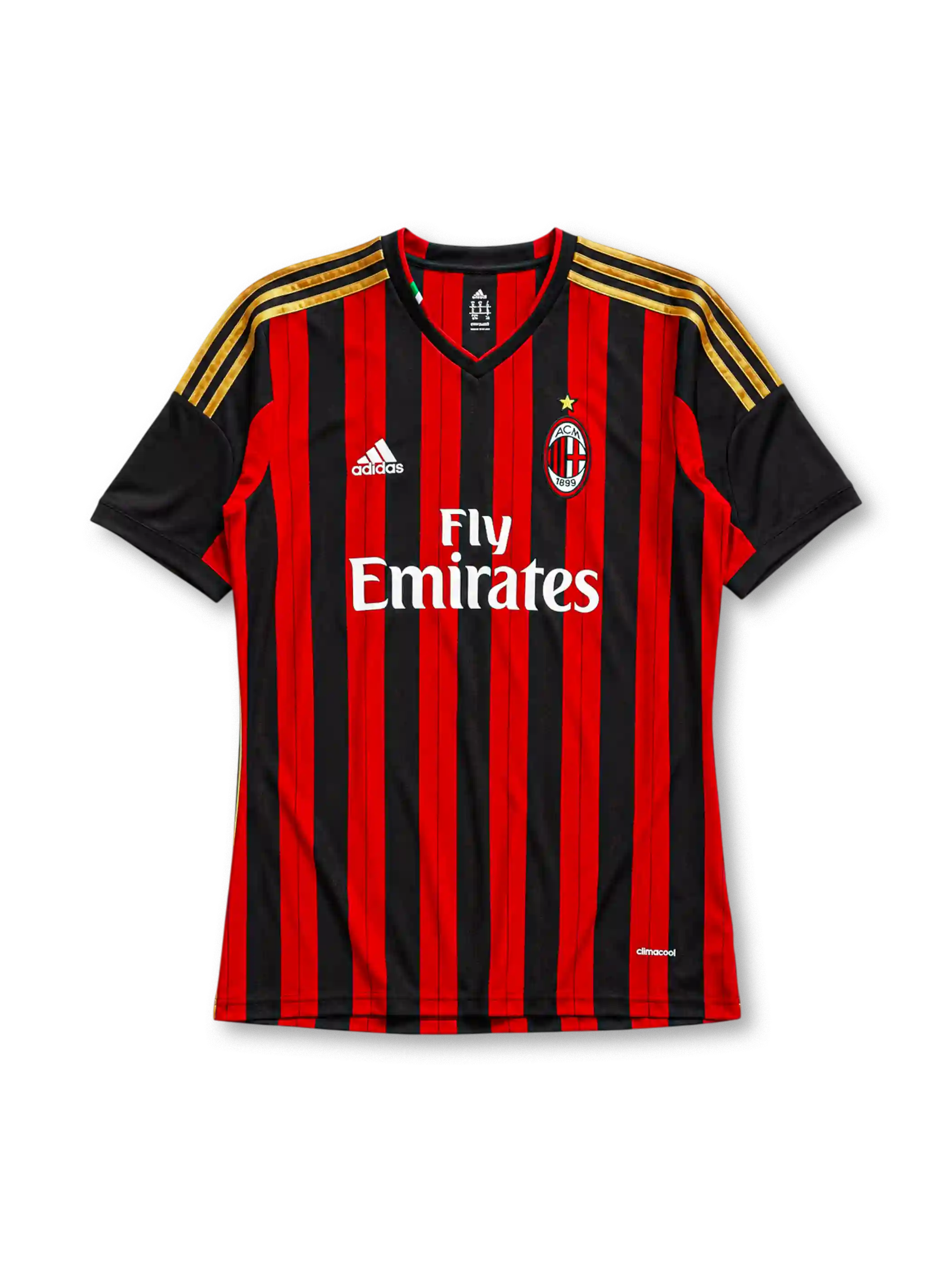 AC Milan 2013/14 home jersey in red and black stripes with gold adidas shoulder detailing and Fly Emirates branding