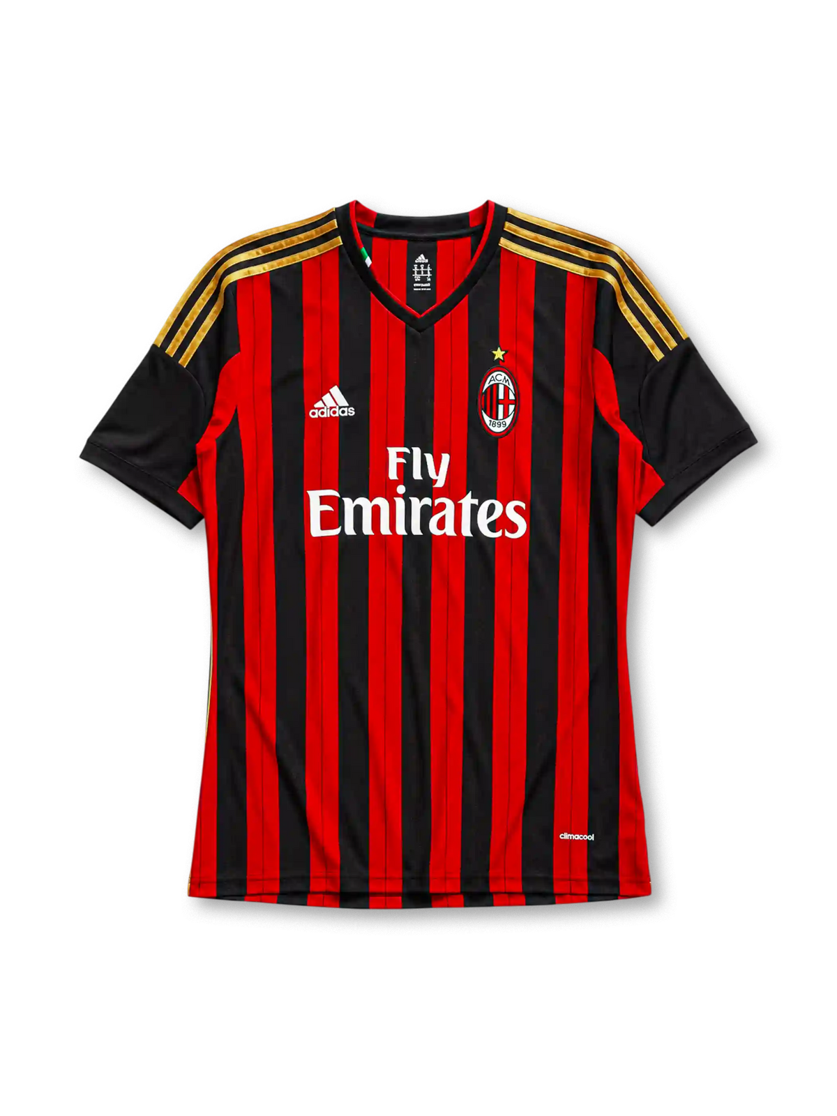 AC Milan 2013/14 home jersey in red and black stripes with gold adidas shoulder detailing and Fly Emirates branding