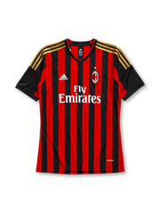 AC Milan 2013/14 home jersey in red and black stripes with gold adidas shoulder detailing and Fly Emirates branding