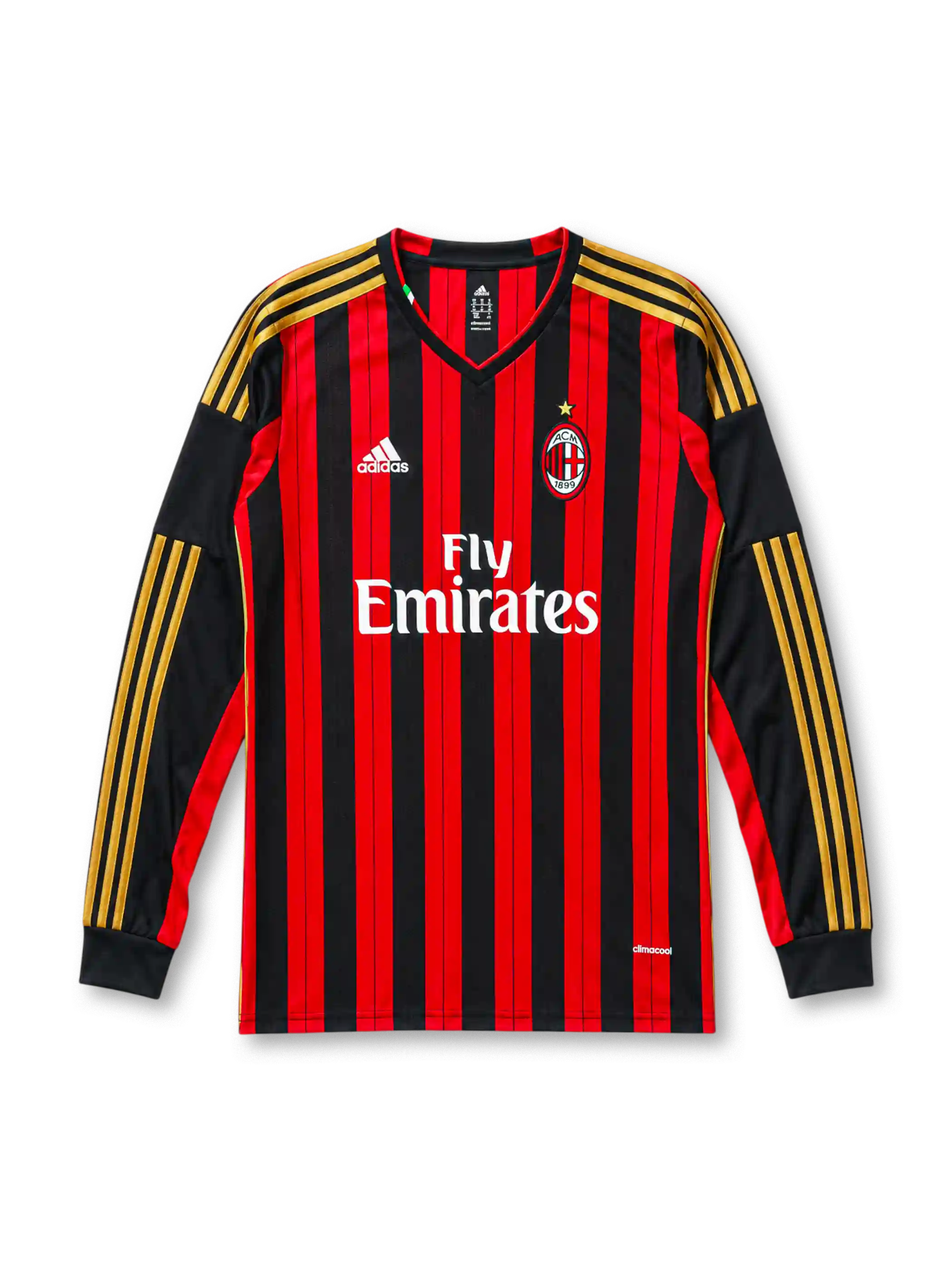 AC Milan 2013/14 home long sleeve jersey in red and black stripes with gold adidas sleeve detailing and Fly Emirates branding