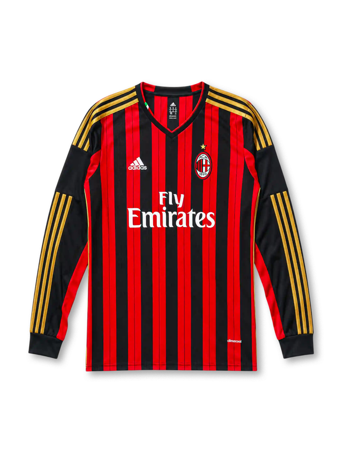 AC Milan 2013/14 home long sleeve jersey in red and black stripes with gold adidas sleeve detailing and Fly Emirates branding