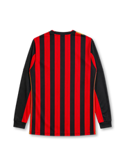 AC Milan 2013/14 home long sleeve jersey in red and black stripes with gold adidas sleeve detailing and Fly Emirates branding