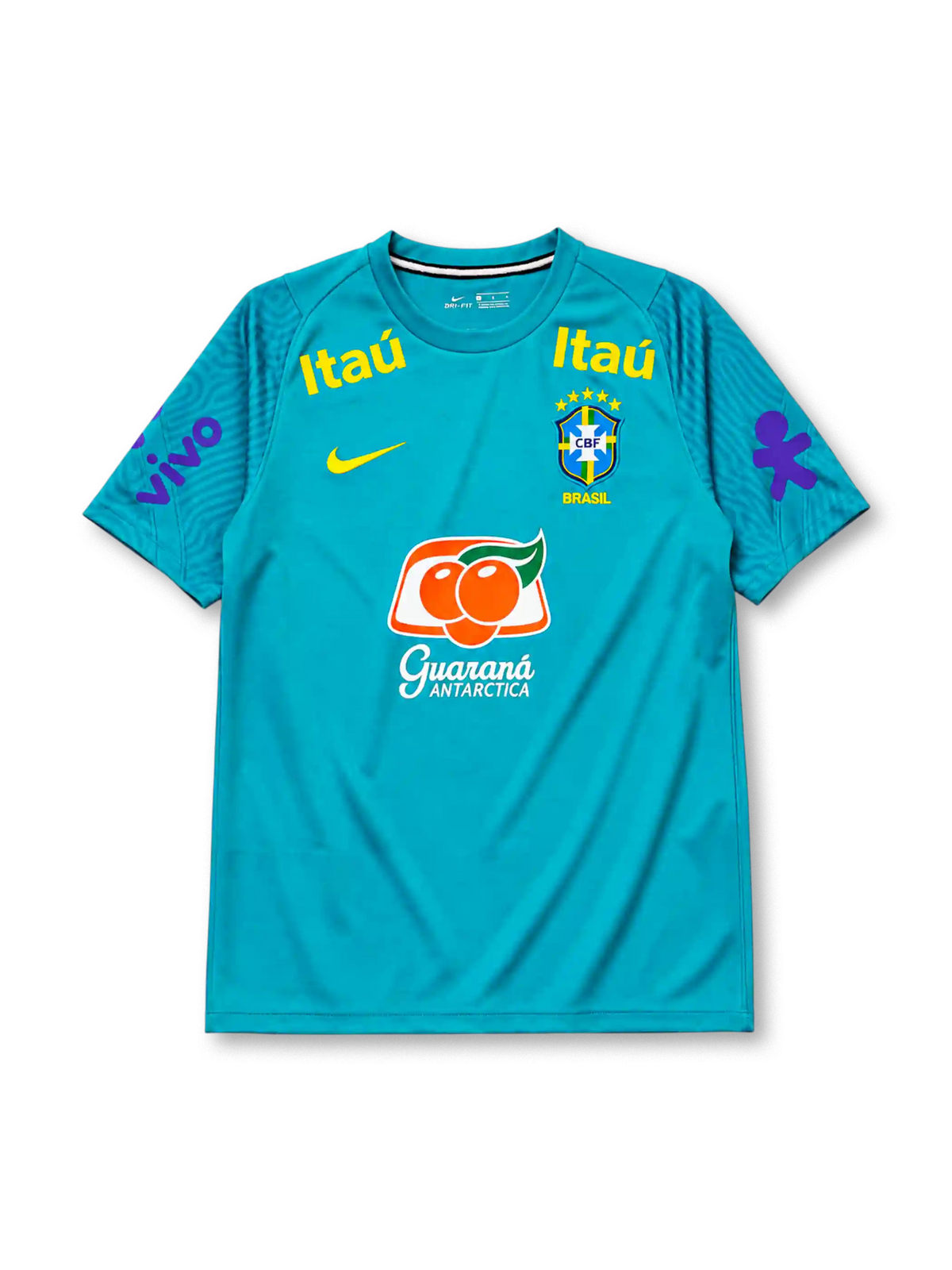 Brazil 2021 training jersey in teal with Itaú and Vivo sponsor branding and CBF crest