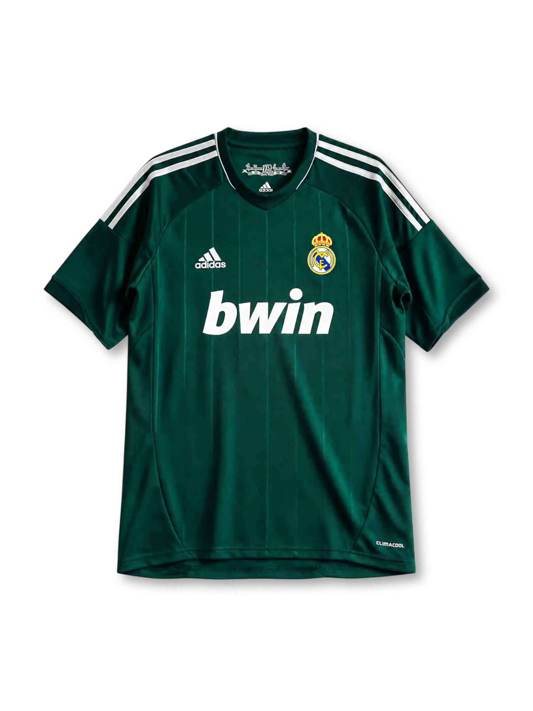Real Madrid 2012/13 third jersey in dark green with white adidas stripes and 110th anniversary detail