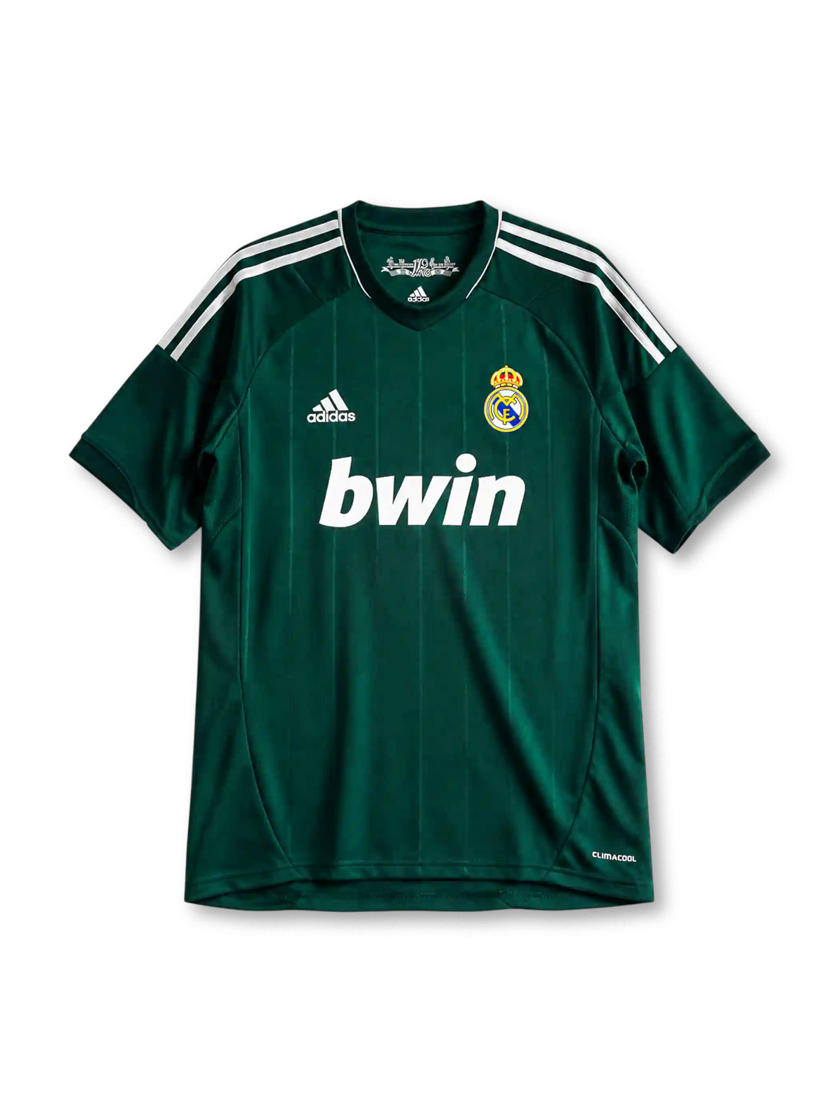 Real Madrid 2012/13 third jersey in dark green with white adidas stripes and 110th anniversary detail