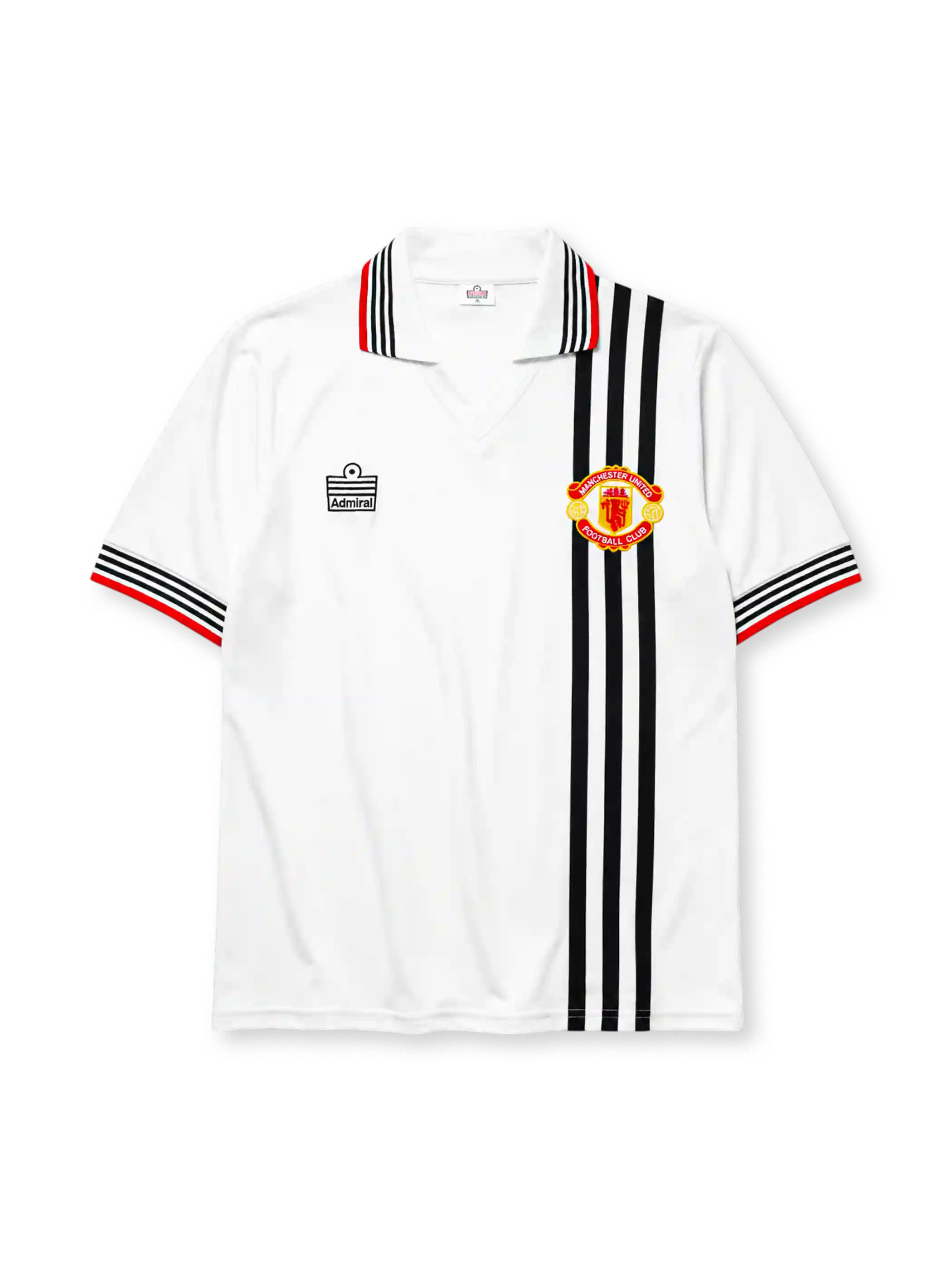 Manchester United 1975-80 away jersey in white with bold black vertical triple stripe
