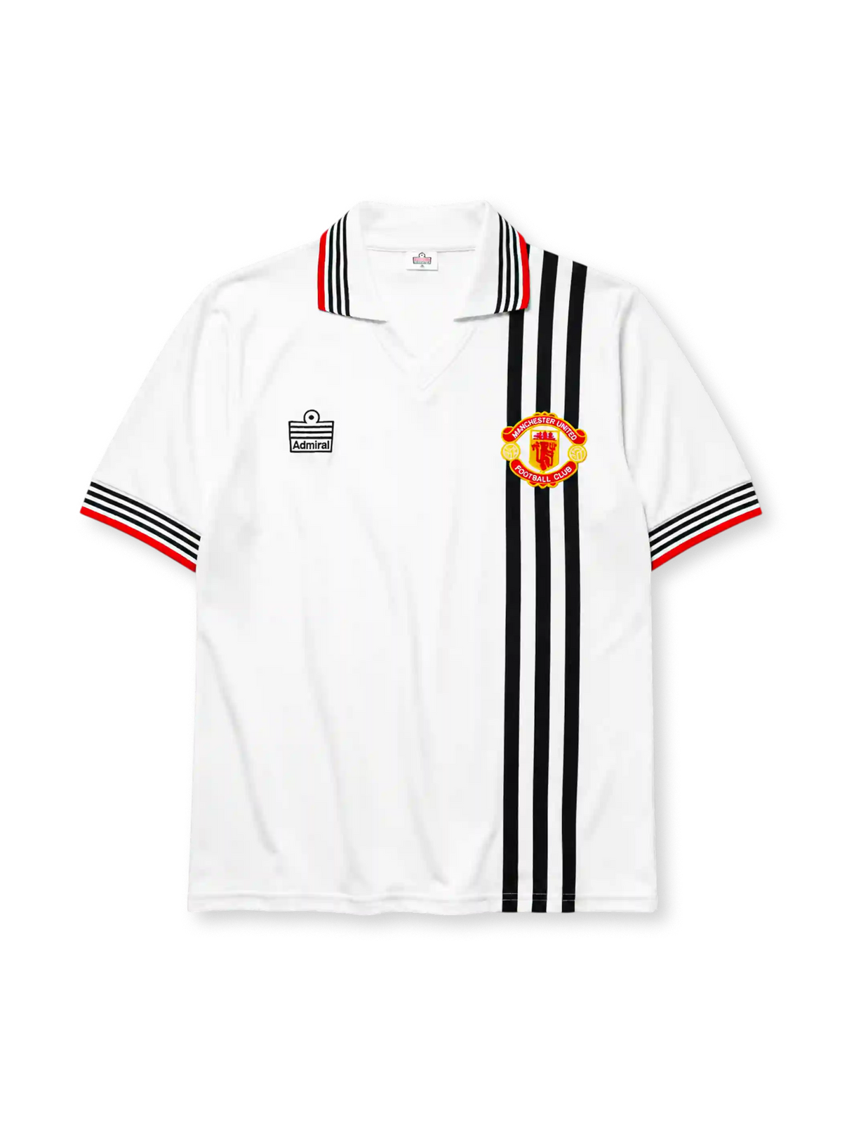 Manchester United 1975-80 away jersey in white with bold black vertical triple stripe