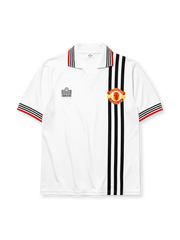 Manchester United 1975-80 away jersey in white with bold black vertical triple stripe