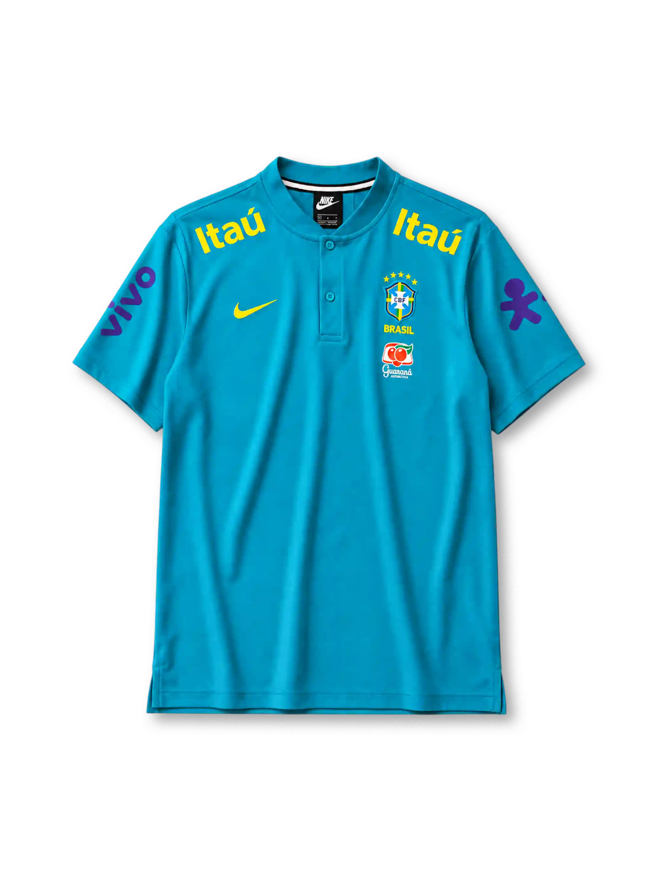 Brazil 2021 polo shirt in teal with Itaú and Vivo sponsor branding and CBF crest