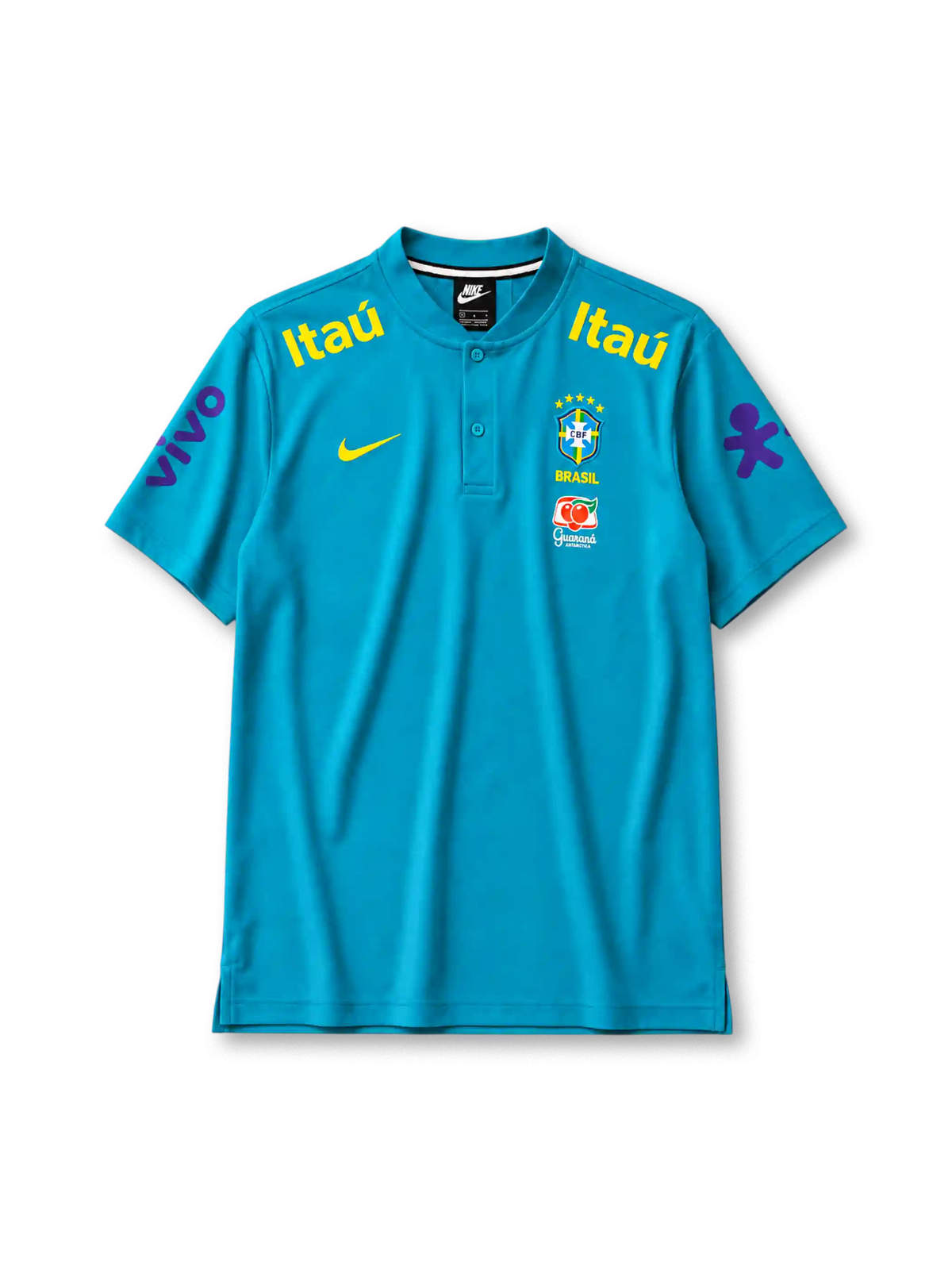 Brazil 2021 polo shirt in teal with Itaú and Vivo sponsor branding and CBF crest