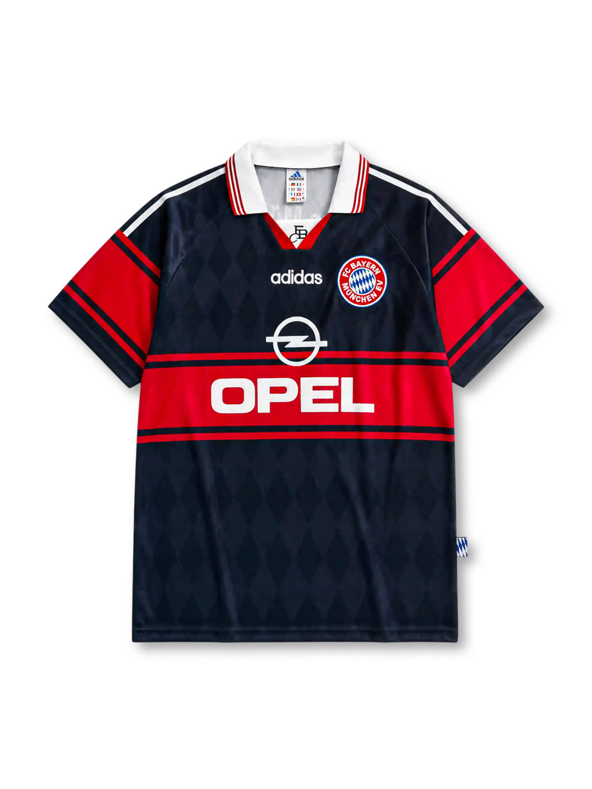 Bayern Munich 1997-99 home jersey in navy with diamond pattern texture and Opel sponsor branding
