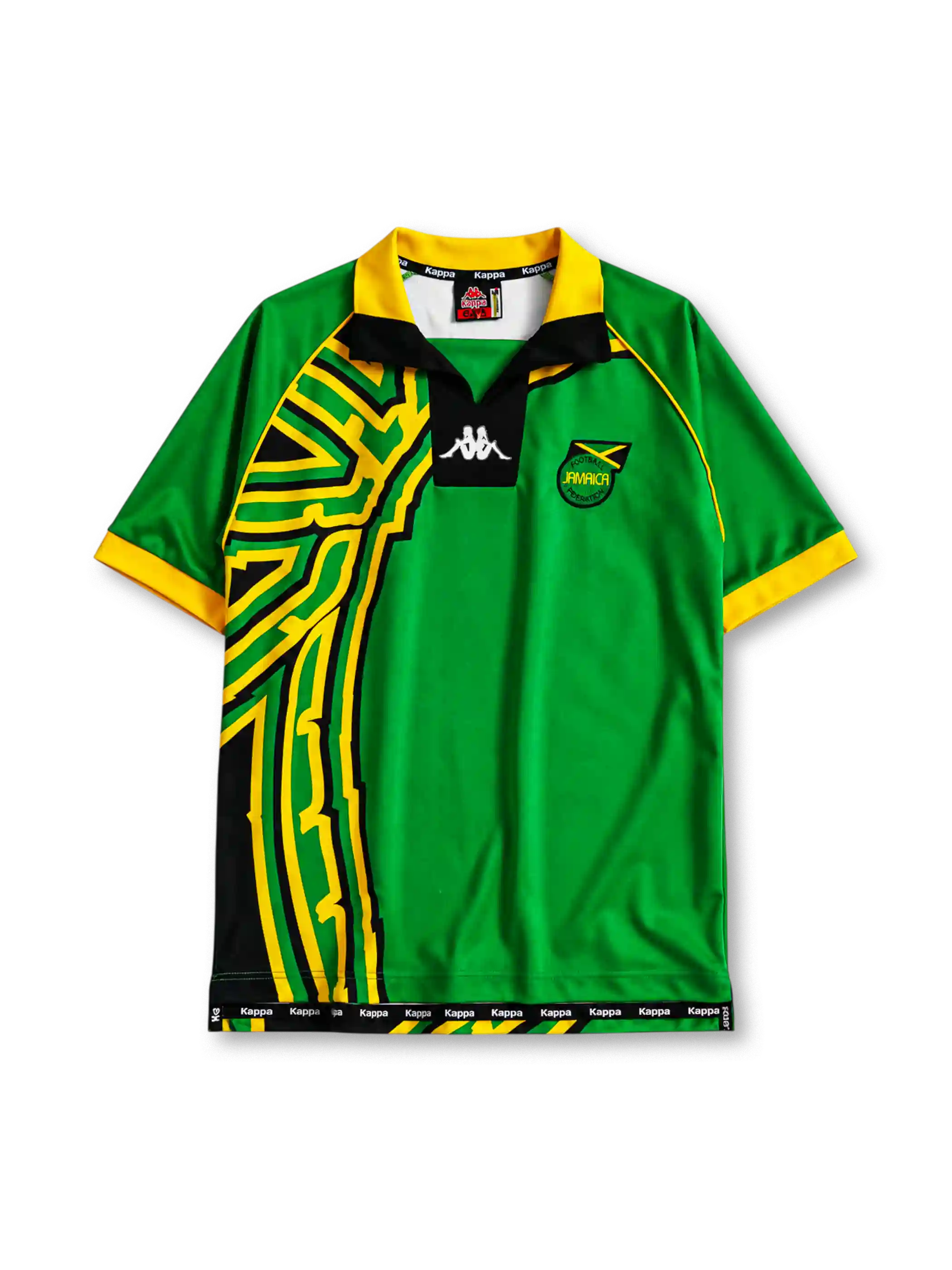 Jamaica 1998 World Cup away jersey in green with black and yellow abstract pattern