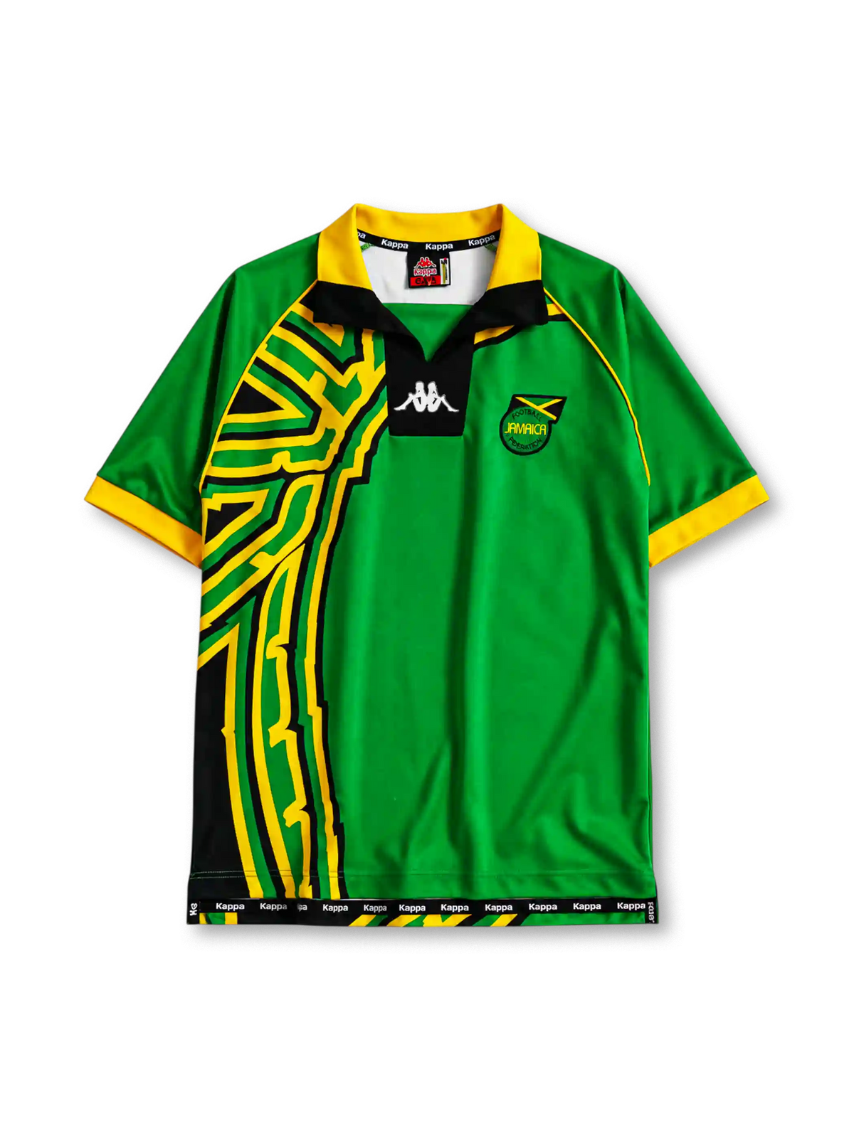 Jamaica 1998 World Cup away jersey in green with black and yellow abstract pattern