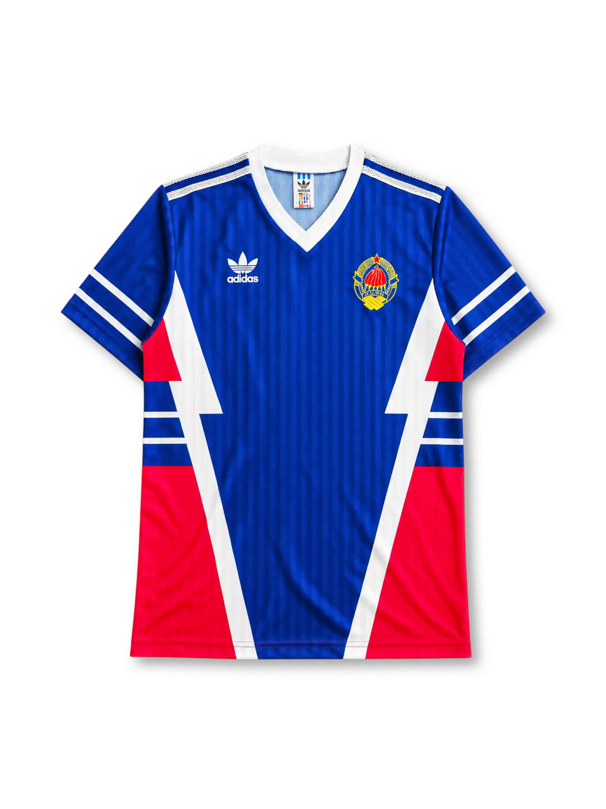 Yugoslavia 1990 World Cup home jersey in blue with red and white angular panel design