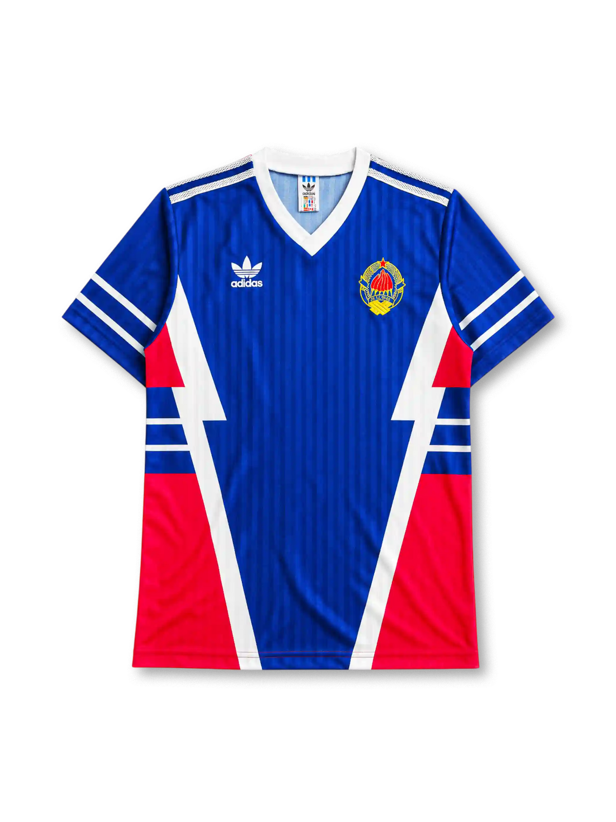 Yugoslavia 1990 World Cup home jersey in blue with red and white angular panel design