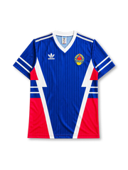 Yugoslavia 1990 World Cup home jersey in blue with red and white angular panel design