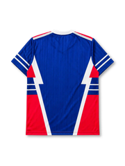 Yugoslavia 1990 World Cup home jersey in blue with red and white angular panel design
