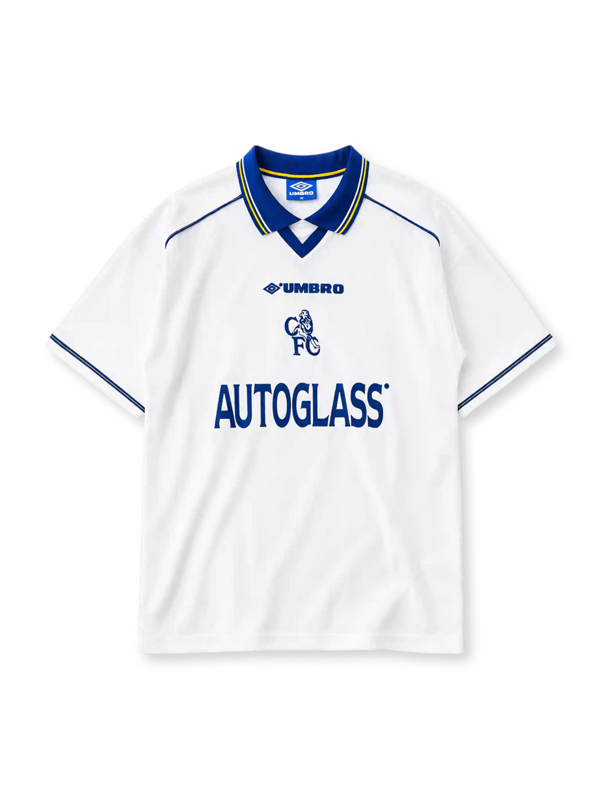 Chelsea 1998-2000 away jersey in white with blue and yellow trim and Autoglass sponsor branding