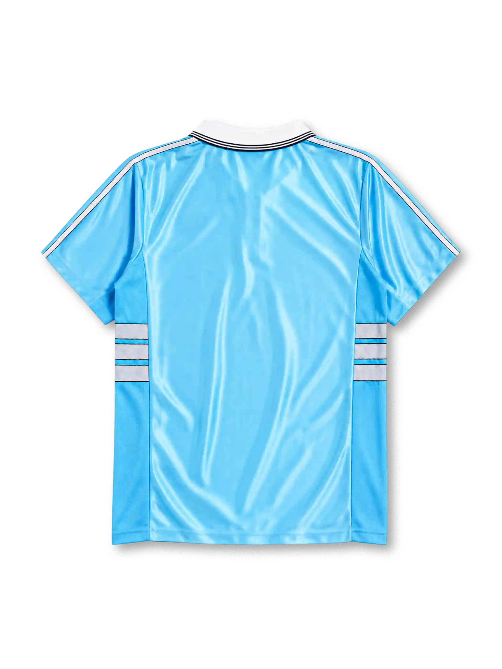 Olympique Marseille 1998/99 away jersey in sky blue with white stripe detailing and Ericsson branding