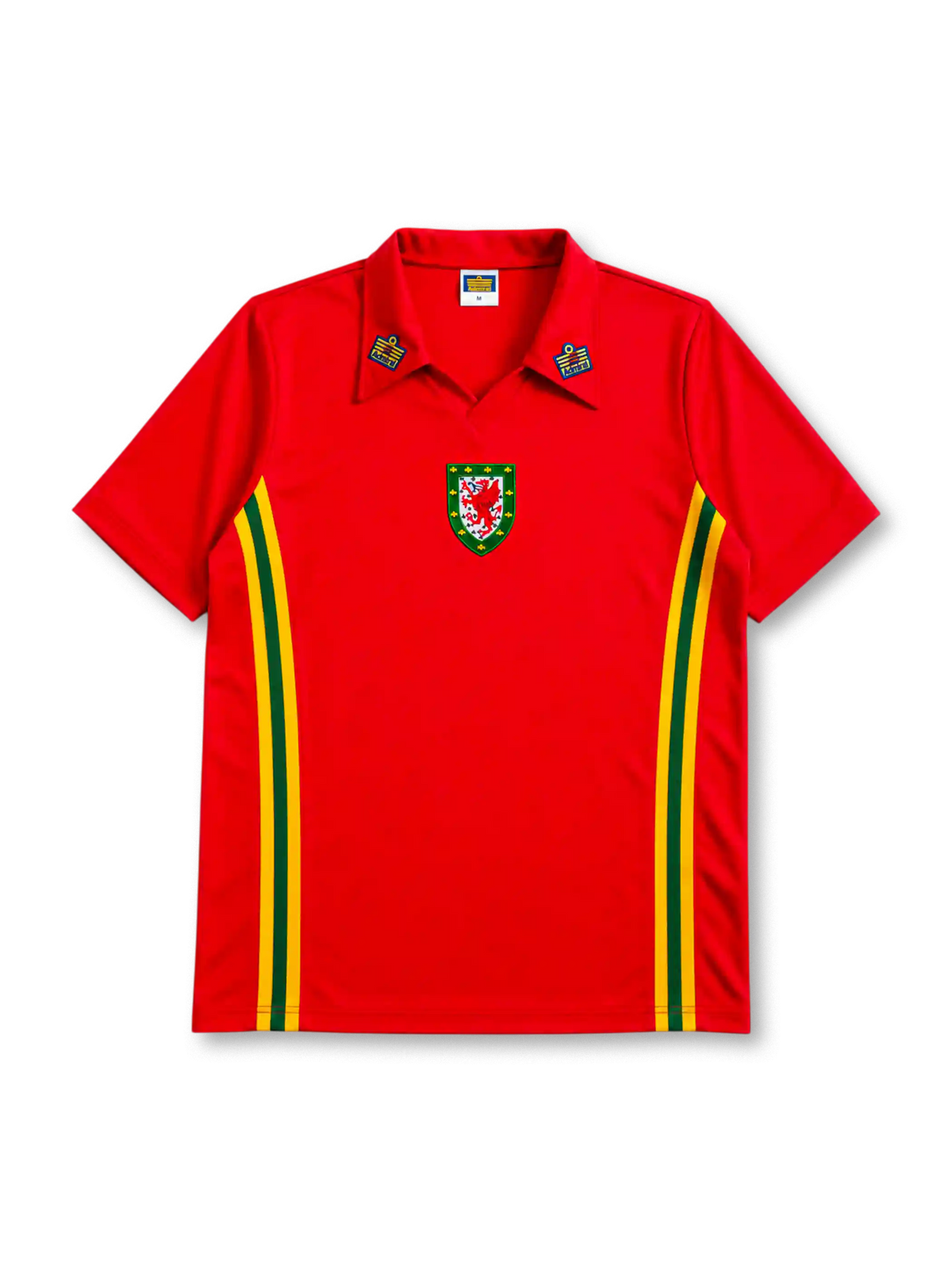 Wales 1976-79 home jersey in red with green and yellow side stripes and dual shoulder badges