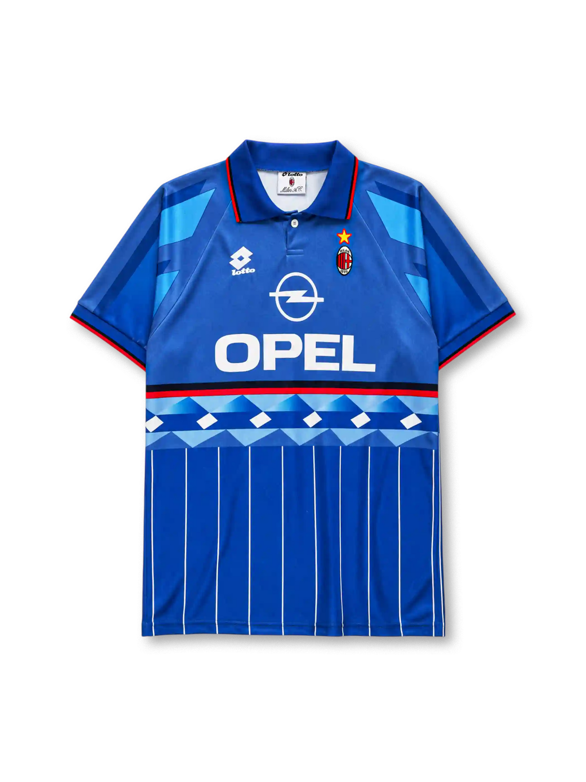 AC Milan 1995/96 third jersey in blue with geometric diamond pattern and Opel sponsor branding