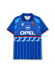 AC Milan 1995/96 third jersey in blue with geometric diamond pattern and Opel sponsor branding