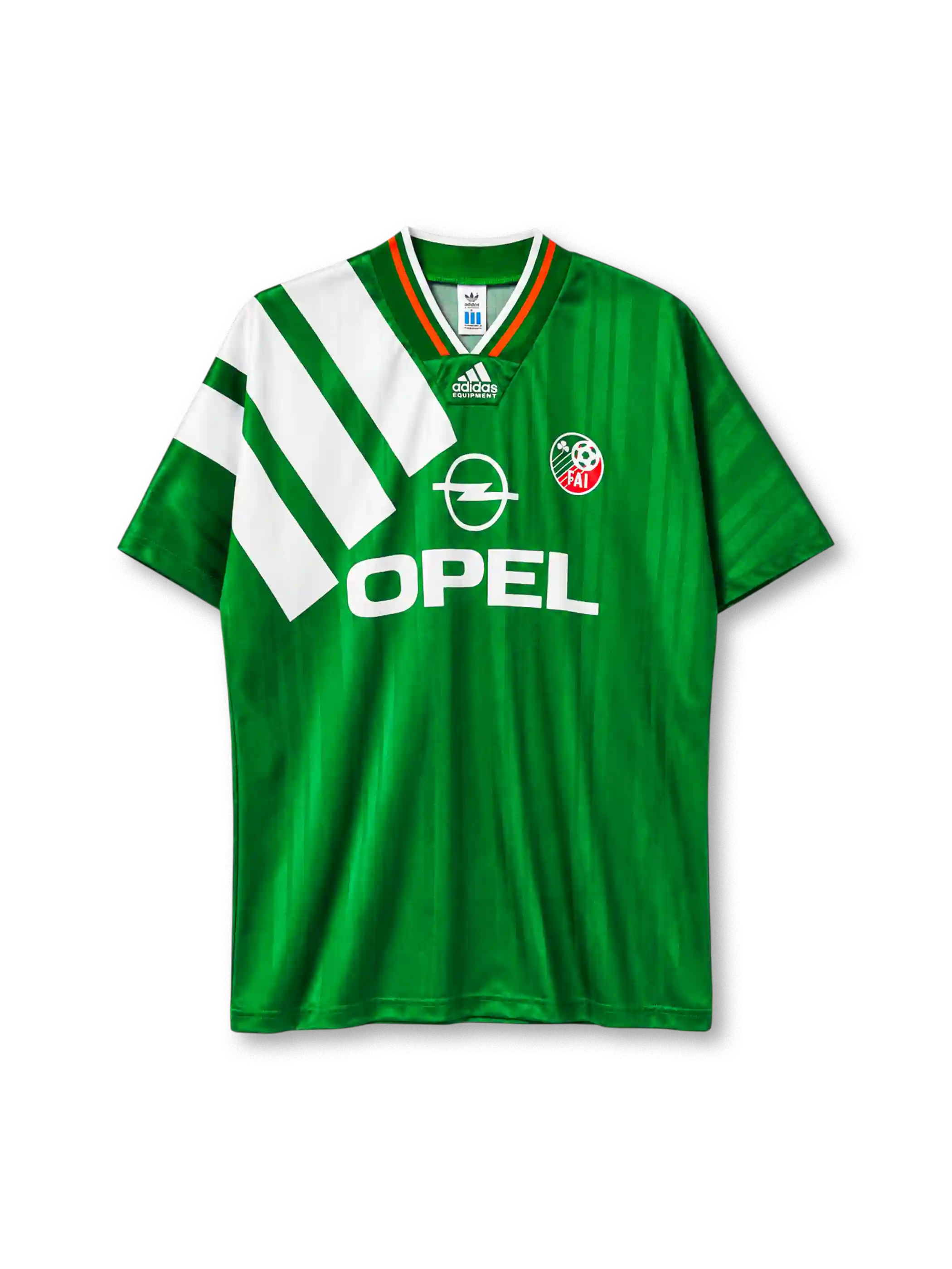 Republic of Ireland 1992-94 home jersey in green with bold white diagonal stripes and Opel branding