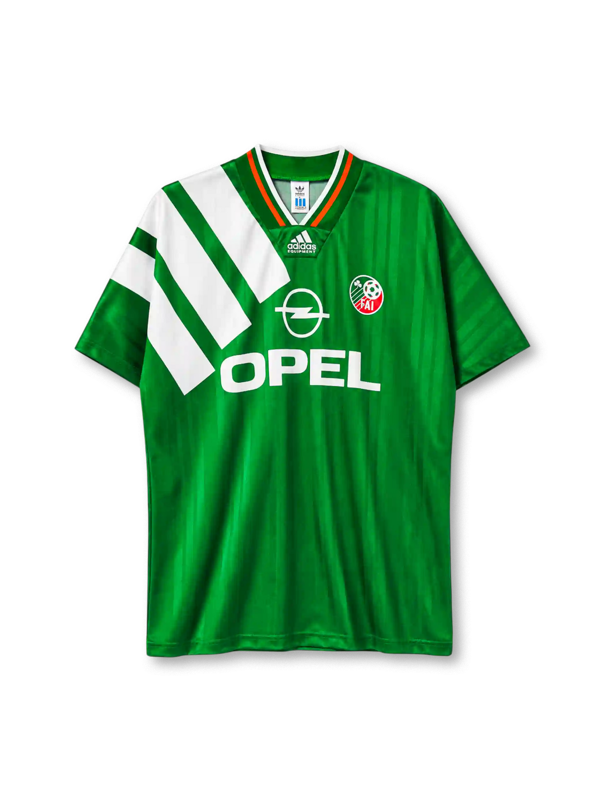 Republic of Ireland 1992-94 home jersey in green with bold white diagonal stripes and Opel branding