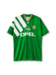 Republic of Ireland 1992-94 home jersey in green with bold white diagonal stripes and Opel branding