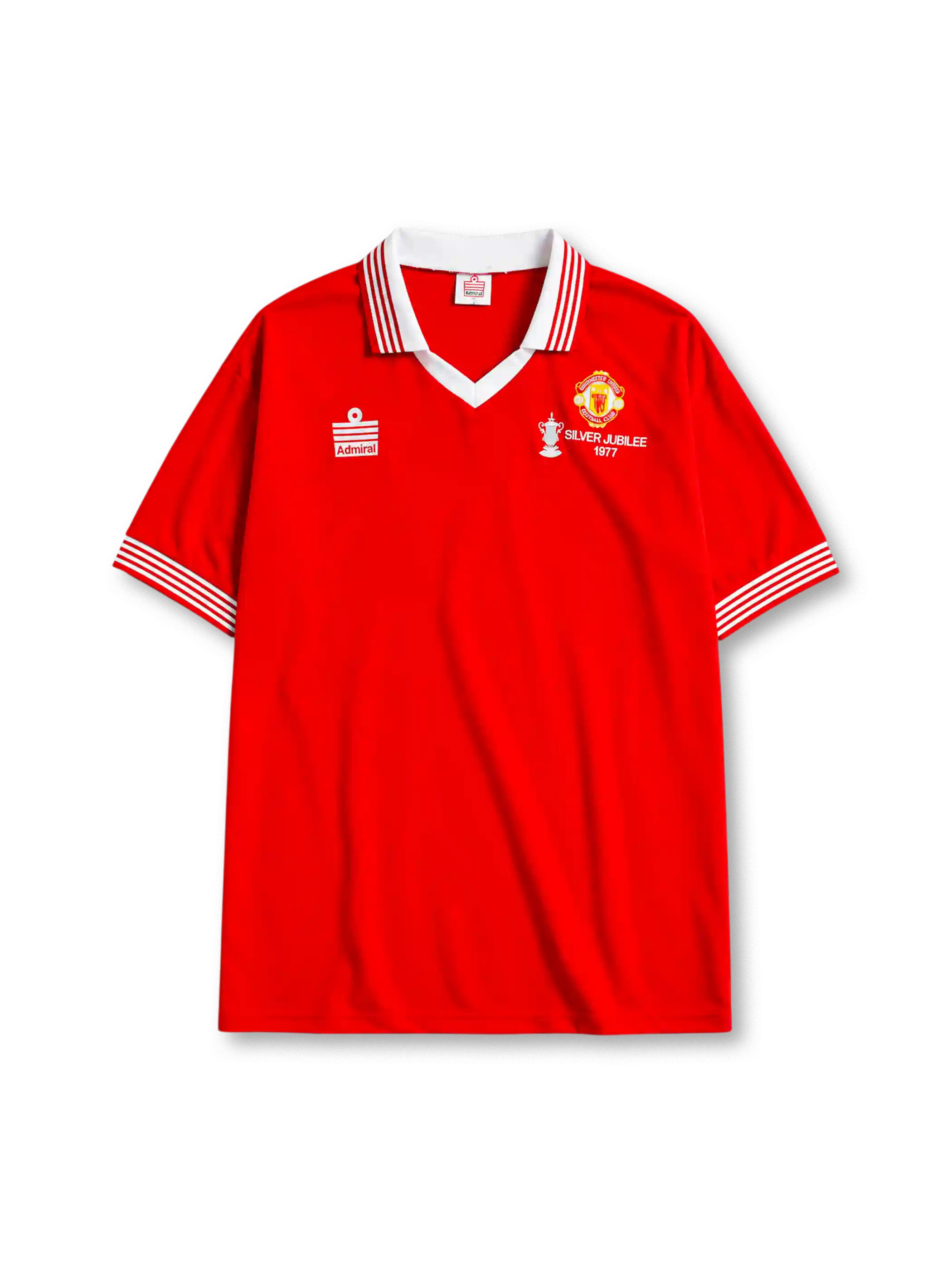 Manchester United 1977 FA Cup Final home jersey in red with Silver Jubilee 1977 commemorative badge
