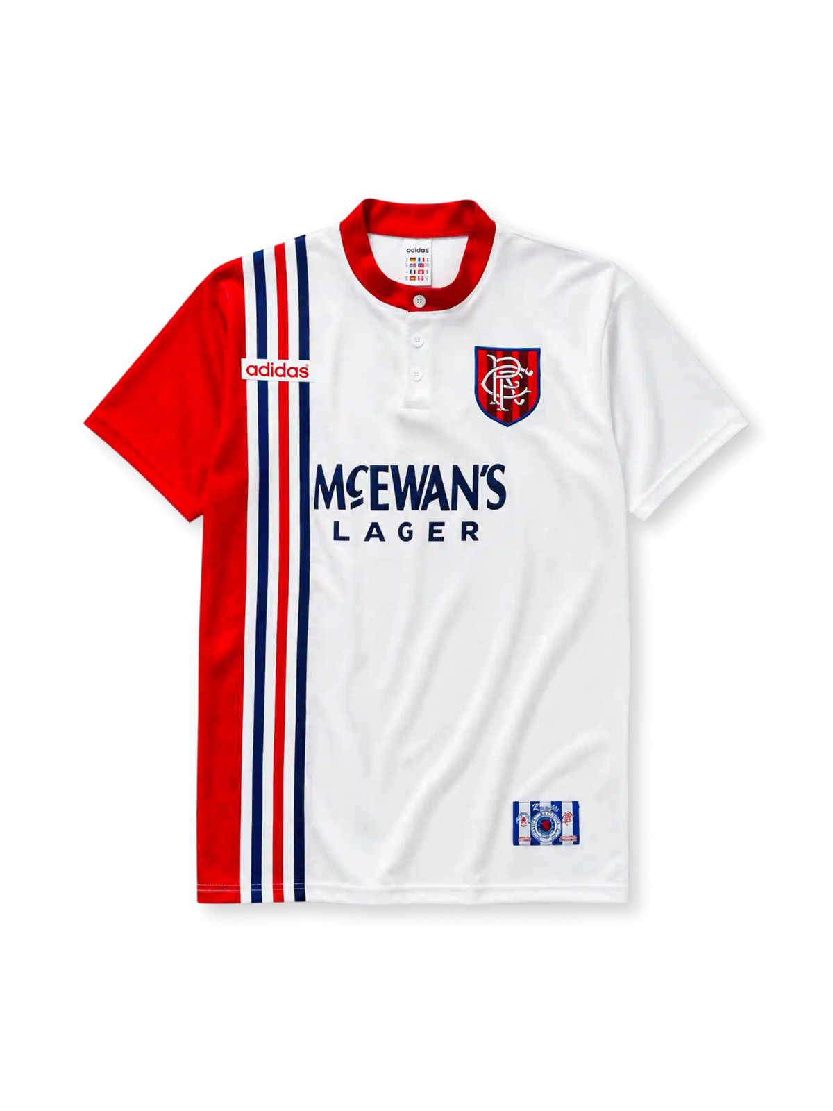 Rangers FC 1996/97 away jersey in white with contrasting red sleeve and McEwan's Lager sponsor branding