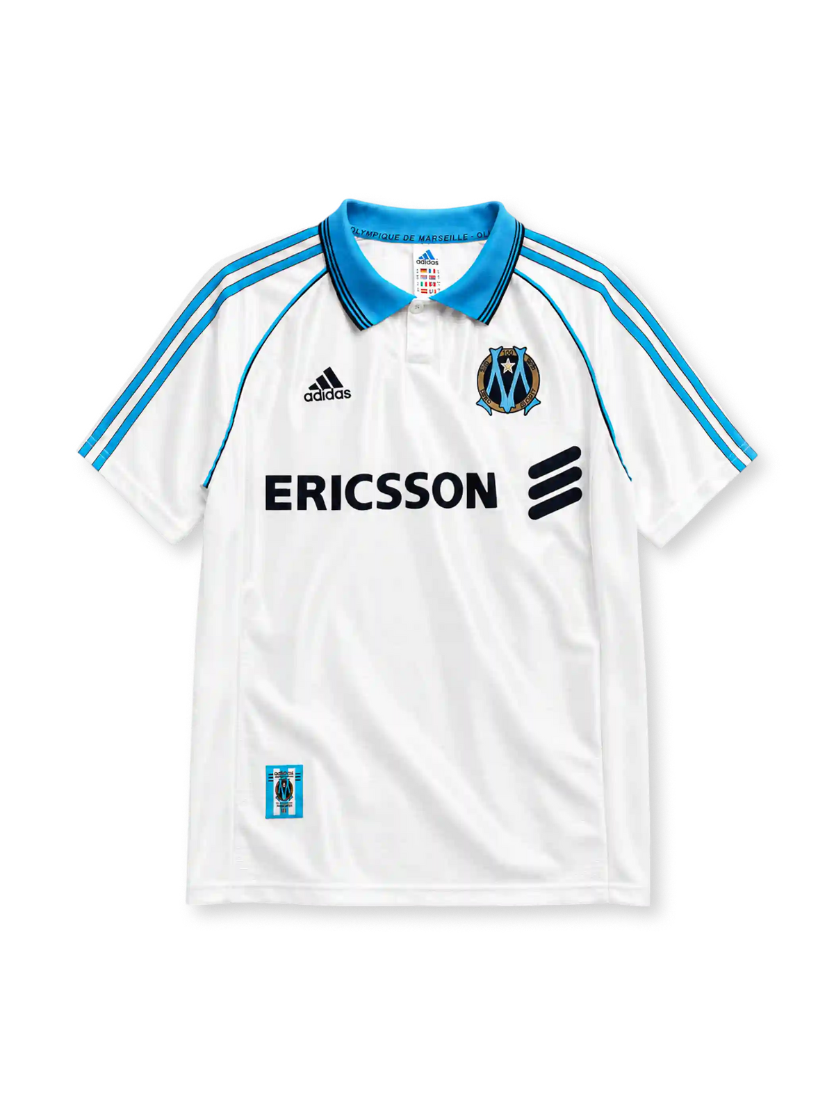 Olympique Marseille 1998/99 home jersey in white with sky blue adidas stripes and Ericsson branding